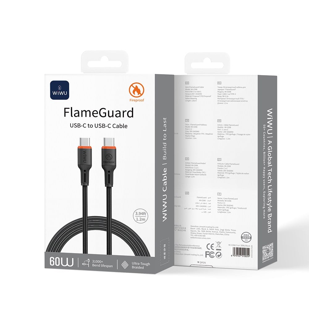 Wiwu Wi-C098 FlameGuard Serisi Type-C to Type-C Data ve Şarj Kablosu 60W 1.2M