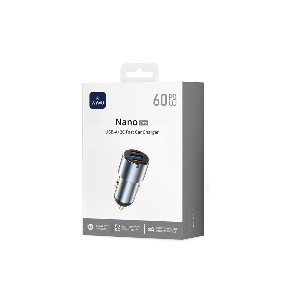 Wiwu Wi-CC032 Nano Pro Serisi Dual Type-C + USB-A Hızlı Şarj Özellikli Akım Korumalı Araç Şarj Aleti PD VE QC3.0 60W