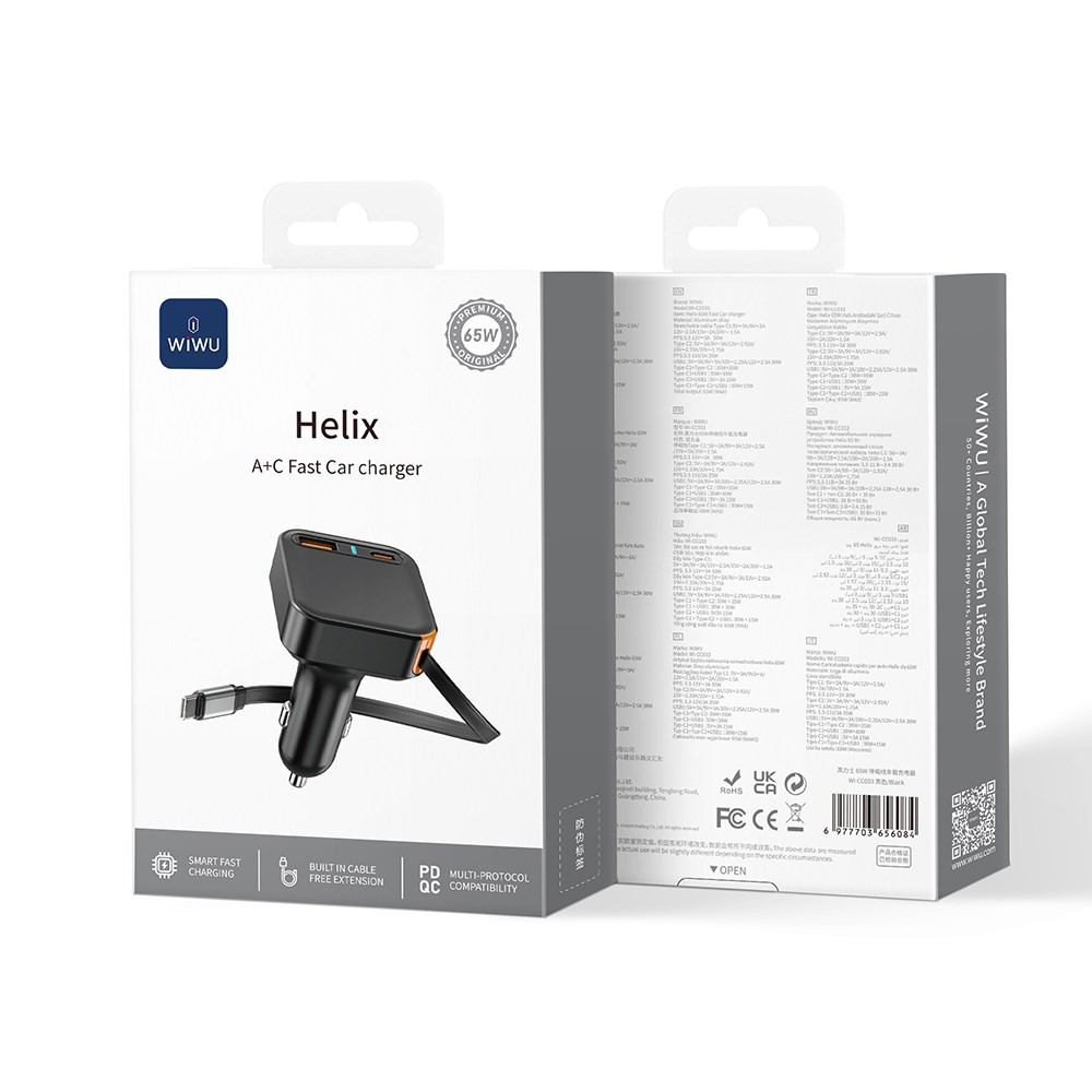 Wiwu Wi-CC033 Type-C + USB-A Hızlı Şarj Özellikli Akım Korumalı Dahili Kablolu Araç Şarj Aleti 65W