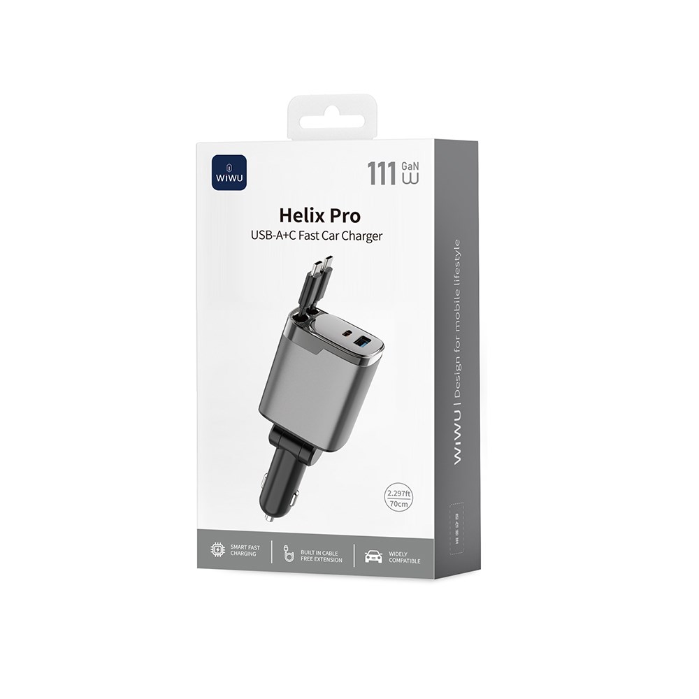 Wiwu Wi-CC034 Type-C + USB-A Hızlı Şarj Özellikli GaN Teknolojili Dahili Kablolu Araç Şarj Aleti 111W