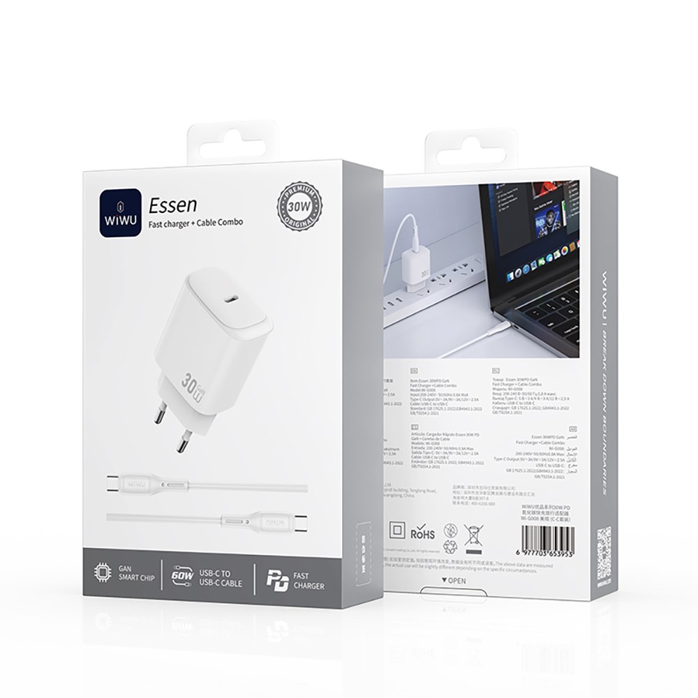 Wiwu Wi-G008 Essen Serisi GaN Tech PD Hızlı Şarj Başlığı Type-C to Type-C PD 30W Kablolu Şarj Seti