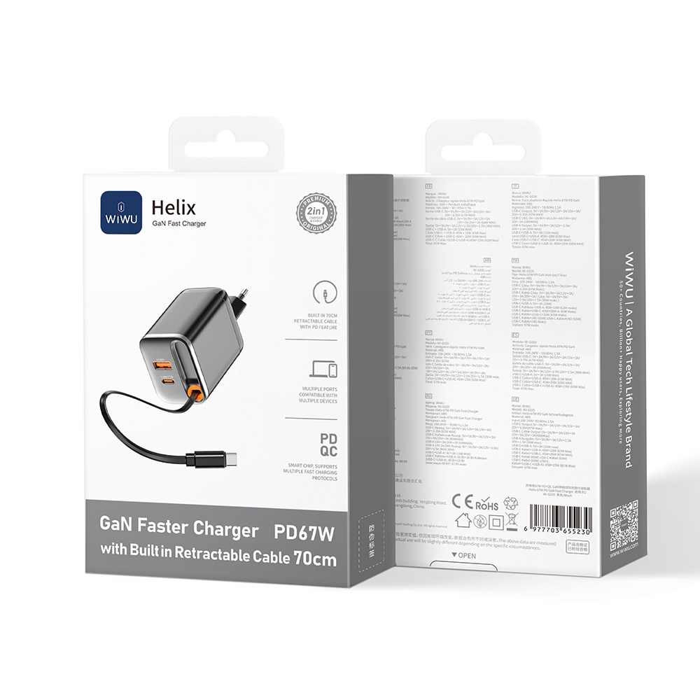 Wiwu Wi-G020 Helix Serisi GaN Teknolojili Hızlı Şarj Başlığı USB-A to Type-C PD 67W Type-C Kablolu Şarj Seti