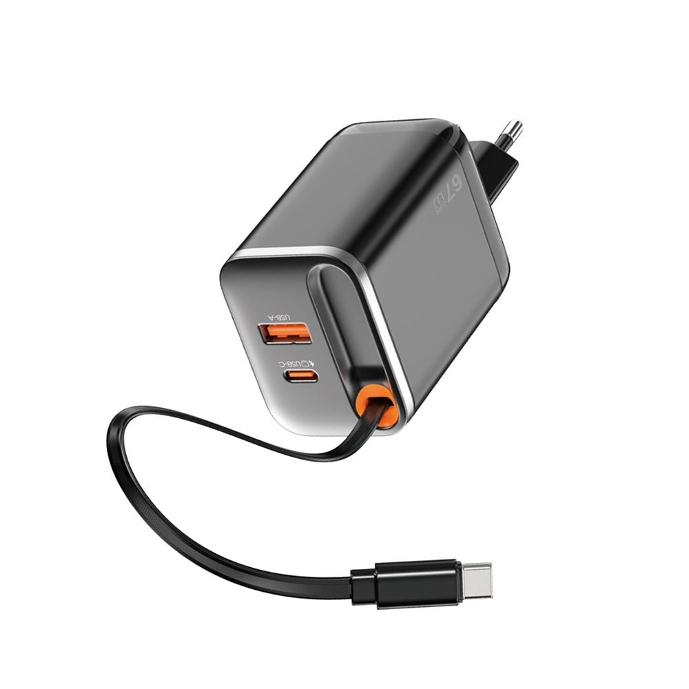 Wiwu Wi-G020 Helix Serisi GaN Teknolojili Hızlı Şarj Başlığı USB-A to Type-C PD 67W Type-C Kablolu Şarj Seti