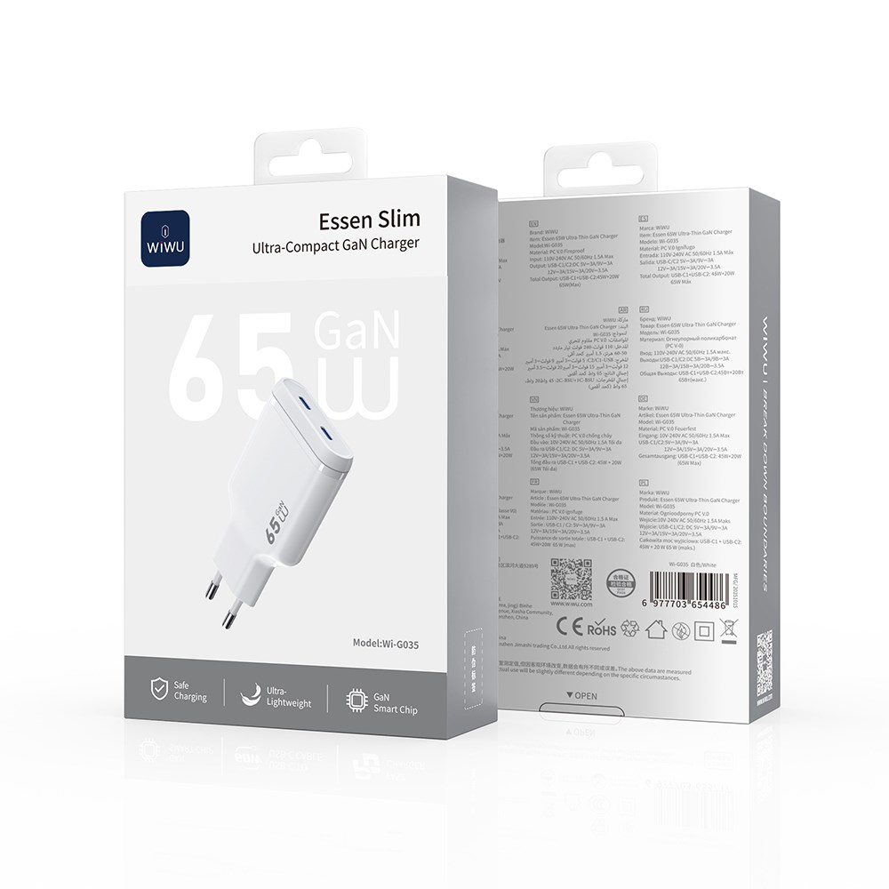 Wiwu Wi-G035 Essen Slim Serisi GaN Tech PD Hızlı Şarj Özellikli Şarj Başlığı 65W