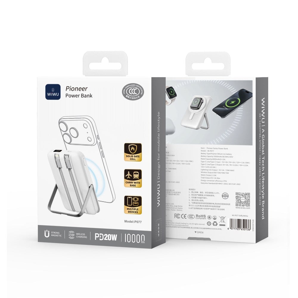 Wiwu Wi-P077 Pionner Serisi Taşınabilir Wireless Şarj ve PD 20W Hızlı Şarj Özellikli Standlı Powerbank 15W 10000mAh