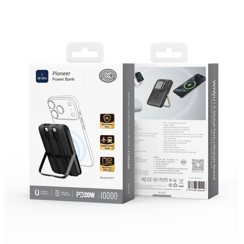 Wiwu Wi-P077 Pionner Serisi Taşınabilir Wireless Şarj ve PD 20W Hızlı Şarj Özellikli Standlı Powerbank 15W 10000mAh