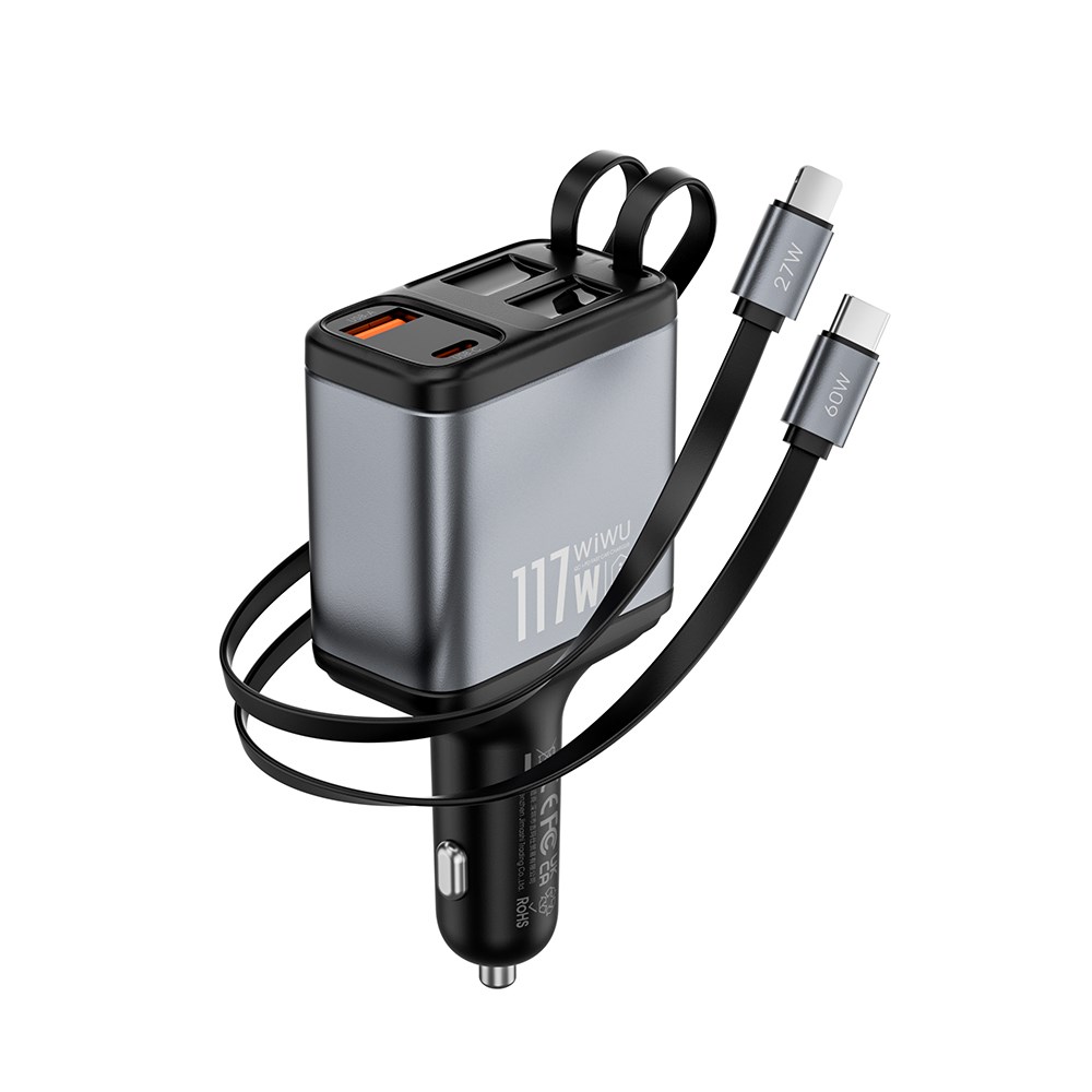 Wiwu Wi-QC027 Exeed Serisi Type-C&Lightning Kablolu + USB-A Hızlı Şarj Özellikli Led Göstergeli Araç Şarj Aleti 117W