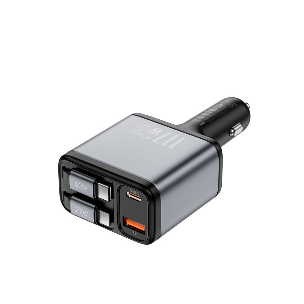 Wiwu Wi-QC027 Exeed Serisi Type-C&Lightning Kablolu + USB-A Hızlı Şarj Özellikli Led Göstergeli Araç Şarj Aleti 117W