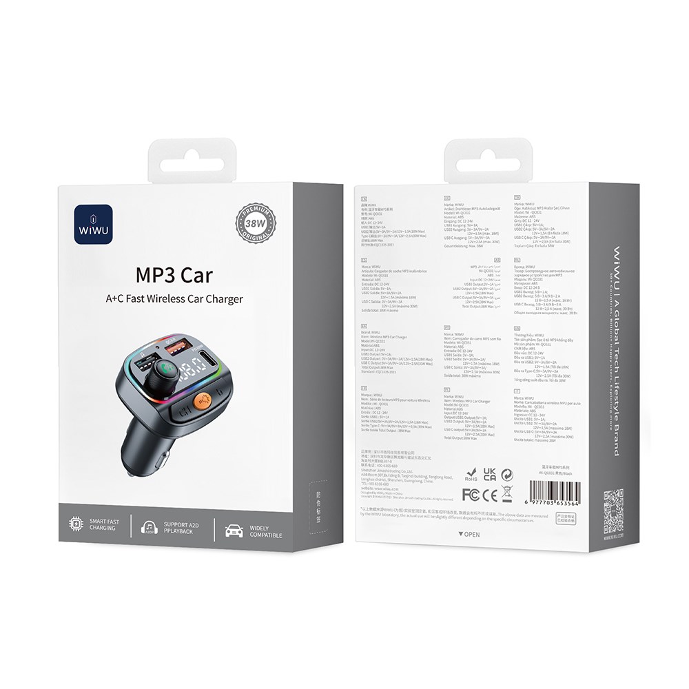 Wiwu Wi-QC031 RGB Bluetooth Transmitter MP3 Type-C ve USB-A Araç Şarjı