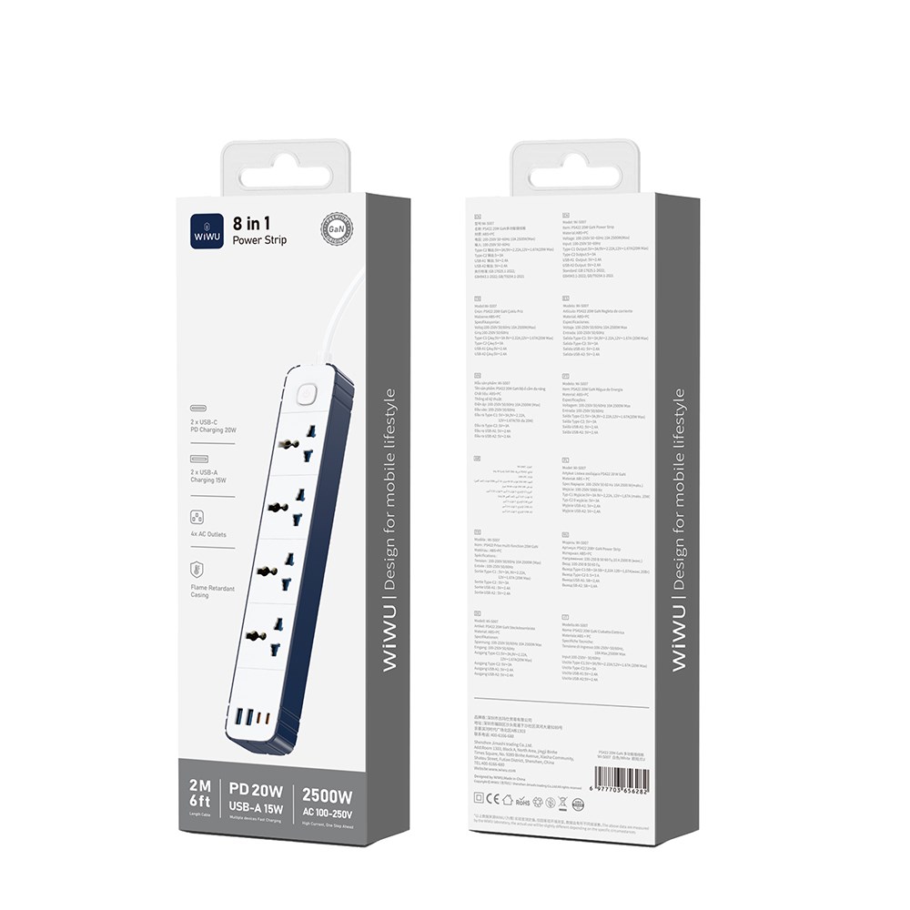 Wiwu Wi-S007 20W GaN Tech Power Strip 8 in 1 Çoklu Priz 2M