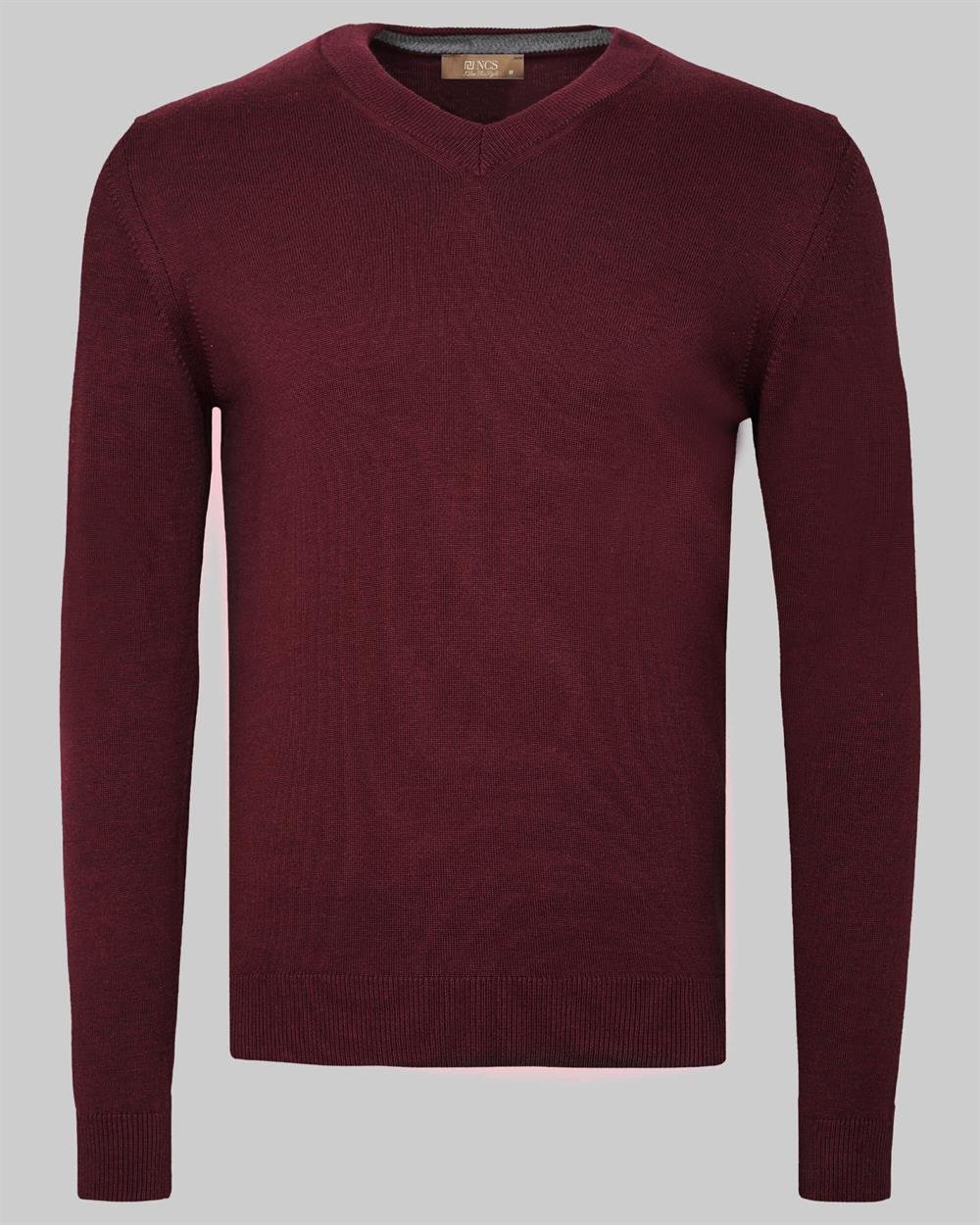 Bordo Erkek V Yaka Triko Slim Fit Pamuklu Kazak NCS JEANS 3002