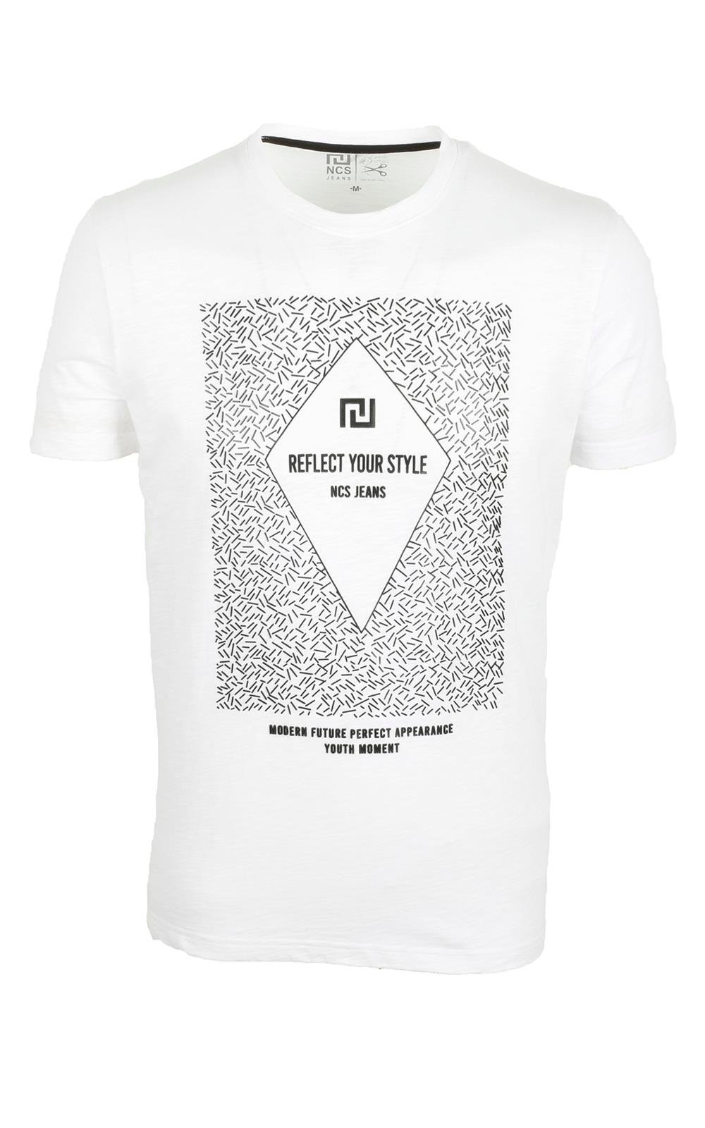 Erkek Beyaz Bisiklet Yaka Baskılı %100 Pamuk Slim Fit T-shirt 1924