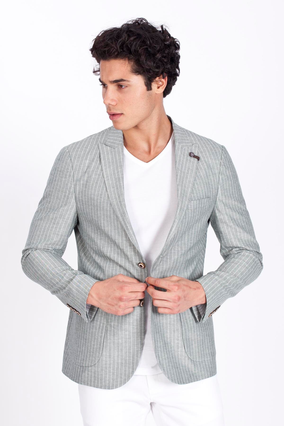 Erkek Casual Haki Slim Fit Dar Kesim Mono Yaka Blazer Ceket 4865