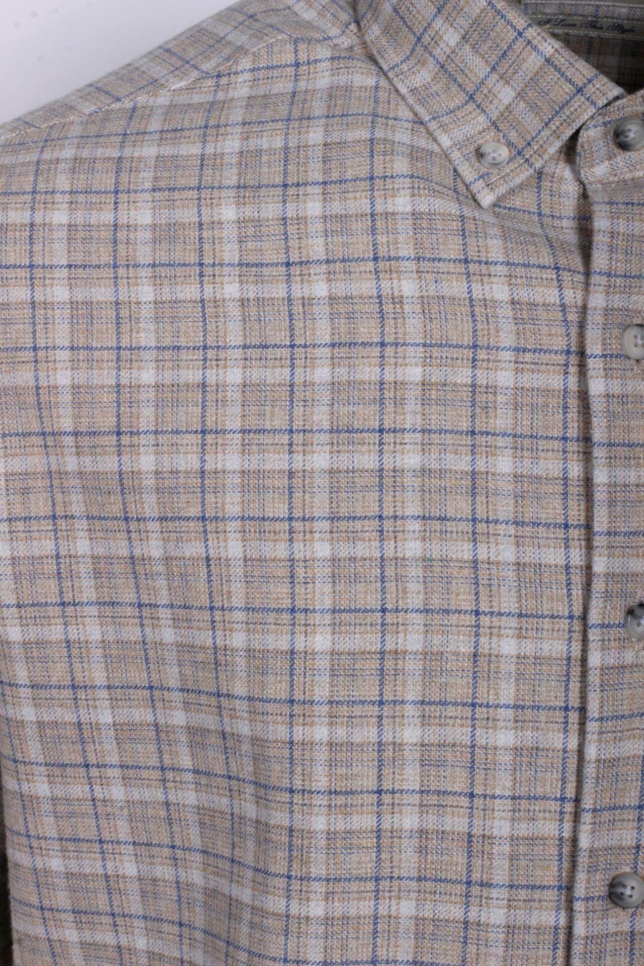 Erkek Gömlek Bej Uzun Kol Ekose Kareli Flanel Yün Tuşeli Slim Fit Düğmeli Yaka Shirt NCS JEANS 7270