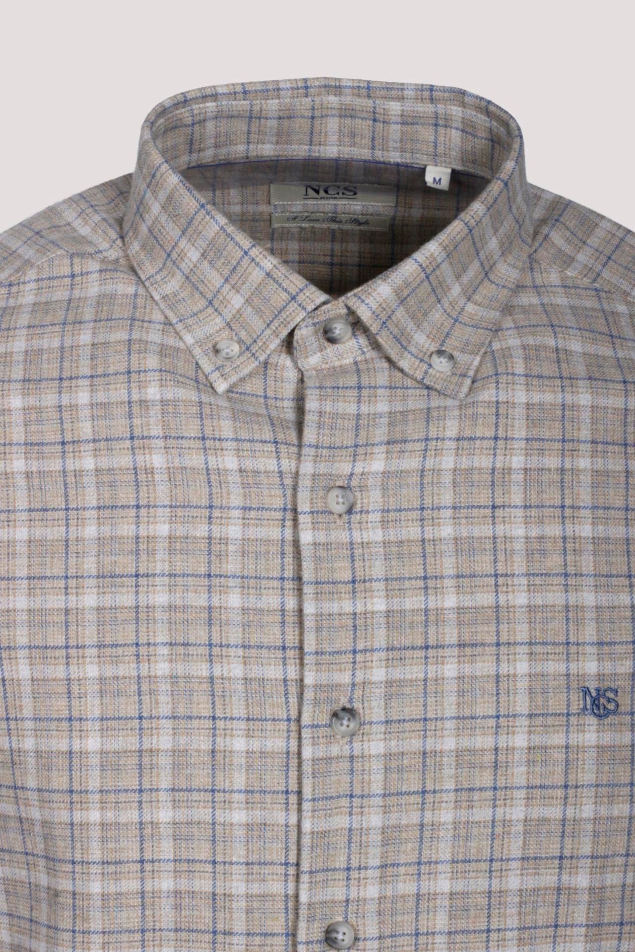 Erkek Gömlek Bej Uzun Kol Ekose Kareli Flanel Yün Tuşeli Slim Fit Düğmeli Yaka Shirt NCS JEANS 7270