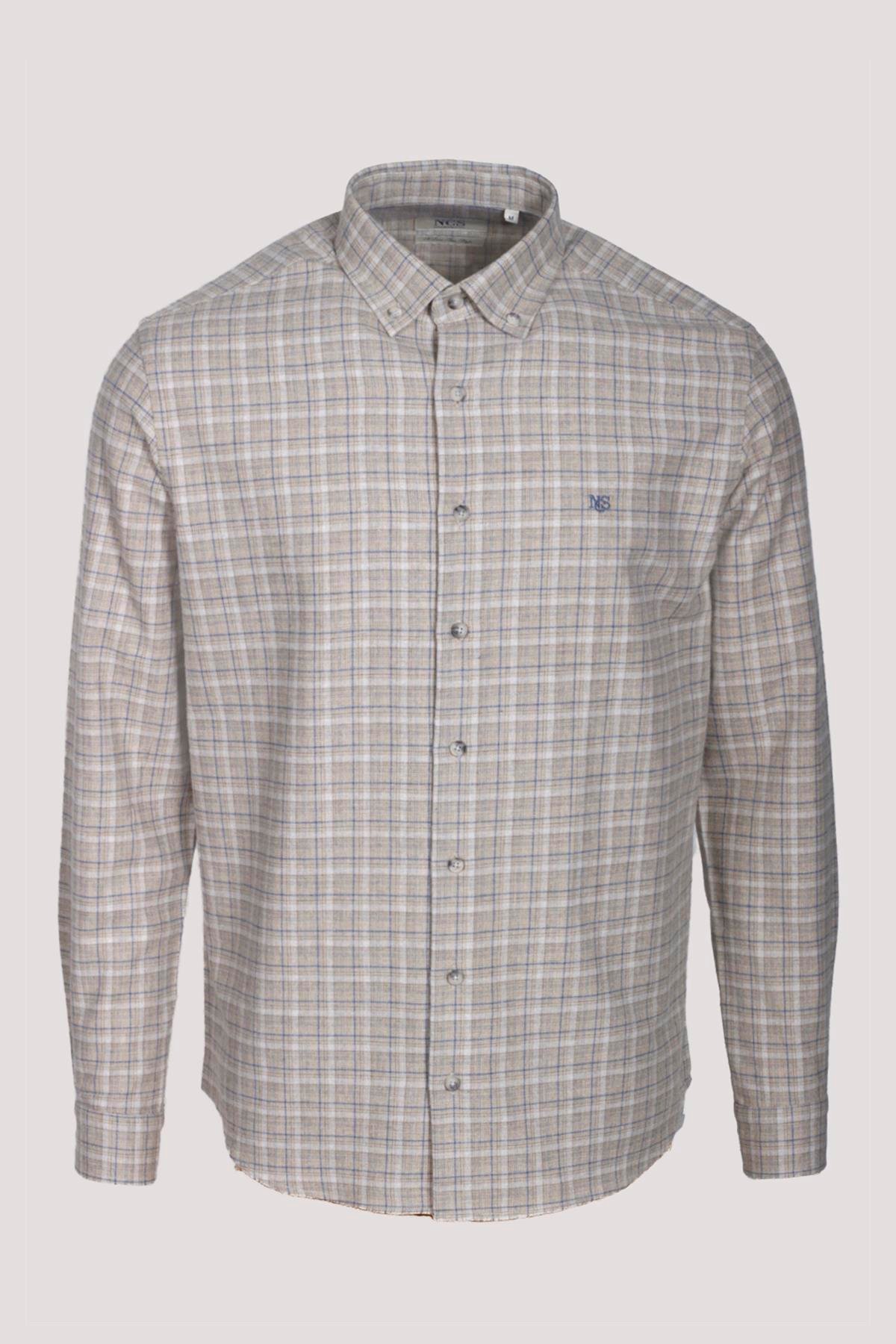 Erkek Gömlek Bej Uzun Kol Ekose Kareli Flanel Yün Tuşeli Slim Fit Düğmeli Yaka Shirt NCS JEANS 7270