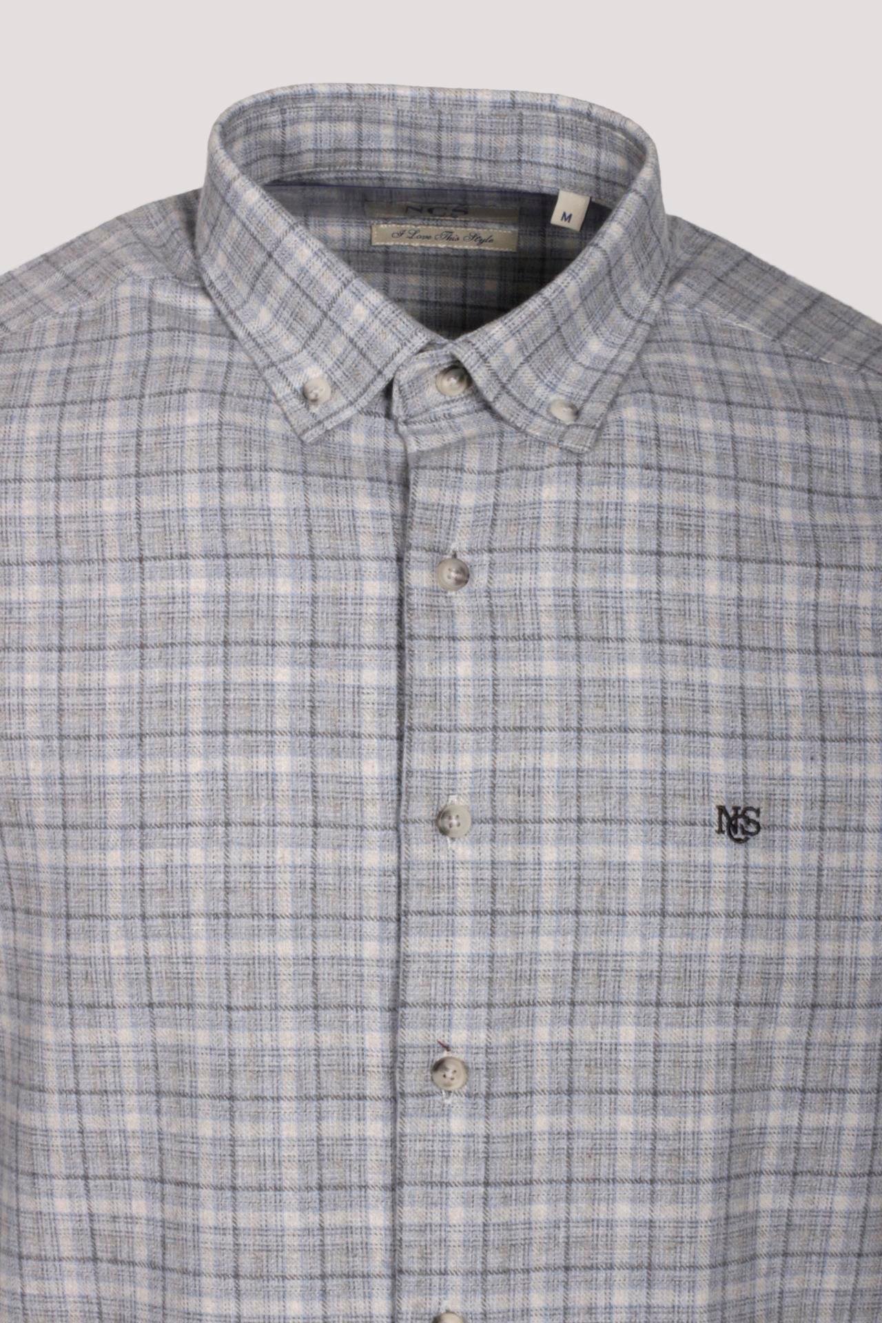Erkek Gömlek Gri Uzun Kol Ekose Kareli Flanel Yün Tuşeli Slim Fit Düğmeli Yaka Shirt NCS JEANS 7270