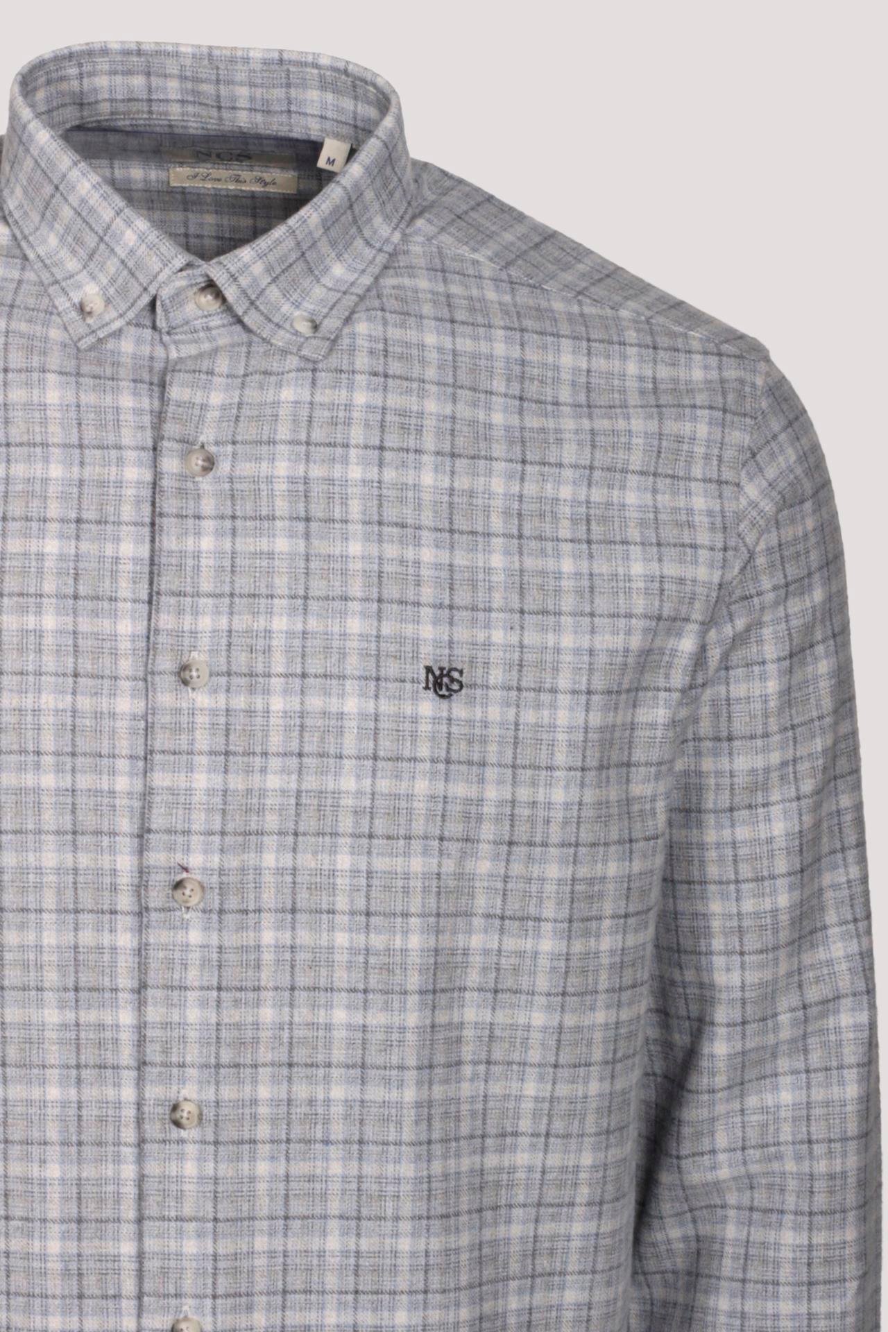 Erkek Gömlek Gri Uzun Kol Ekose Kareli Flanel Yün Tuşeli Slim Fit Düğmeli Yaka Shirt NCS JEANS 7270