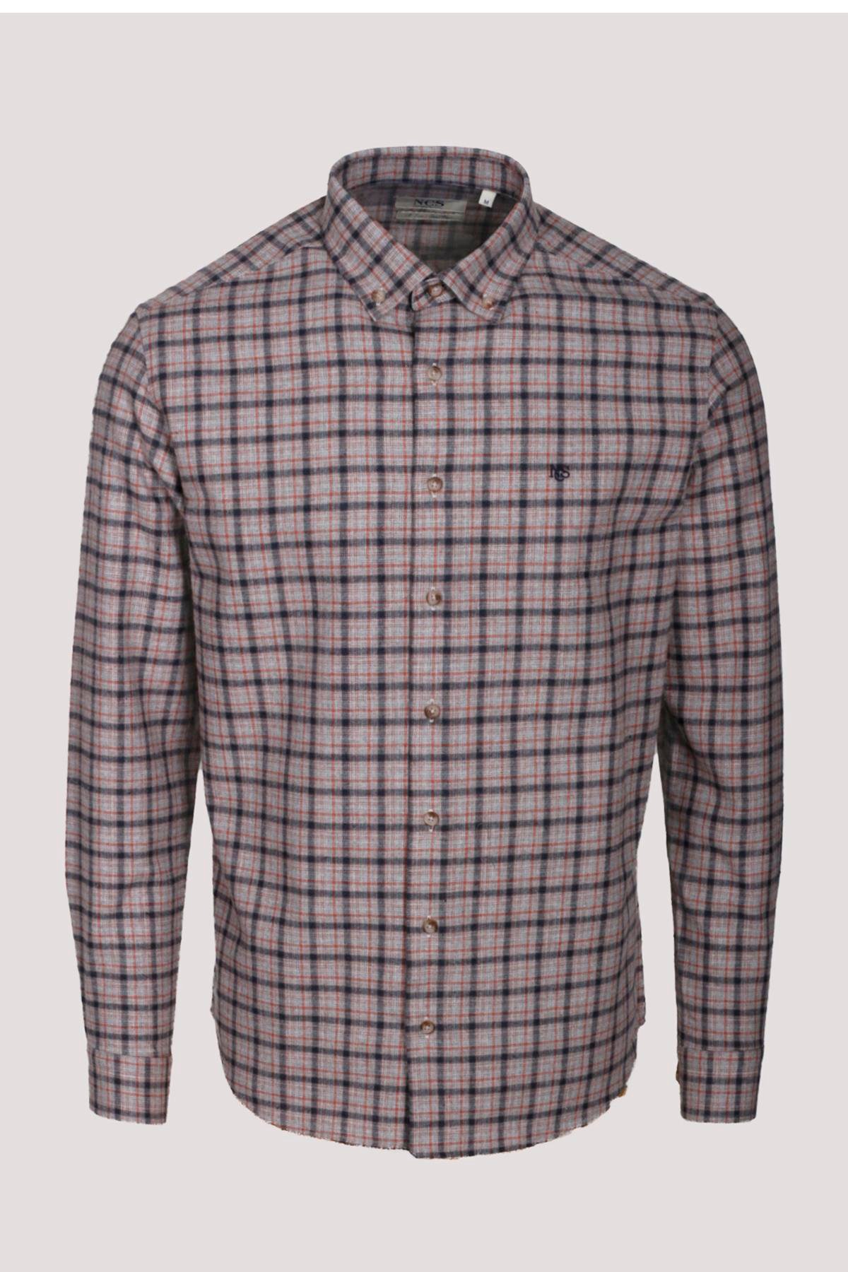 Erkek Gömlek Kiremit Uzun Kol Ekose Kareli Flanel Yün Tuşeli Slim Fit Düğmeli Yaka Shirt NCS JEANS 7270