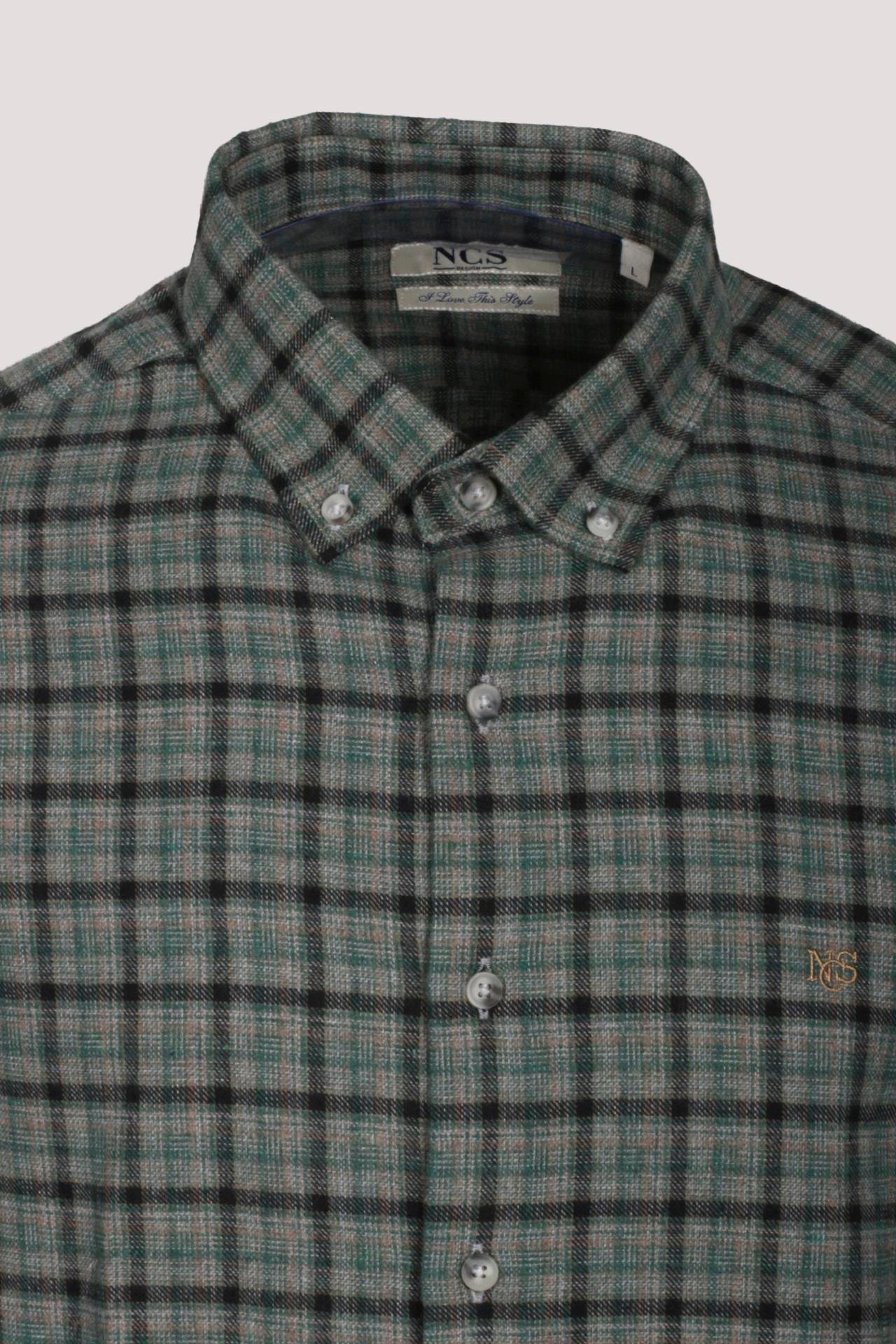 Erkek Gömlek Yeşil Uzun Kol Ekose Kareli Flanel Yün Tuşeli Slim Fit Düğmeli Yaka Shirt NCS JEANS 7270