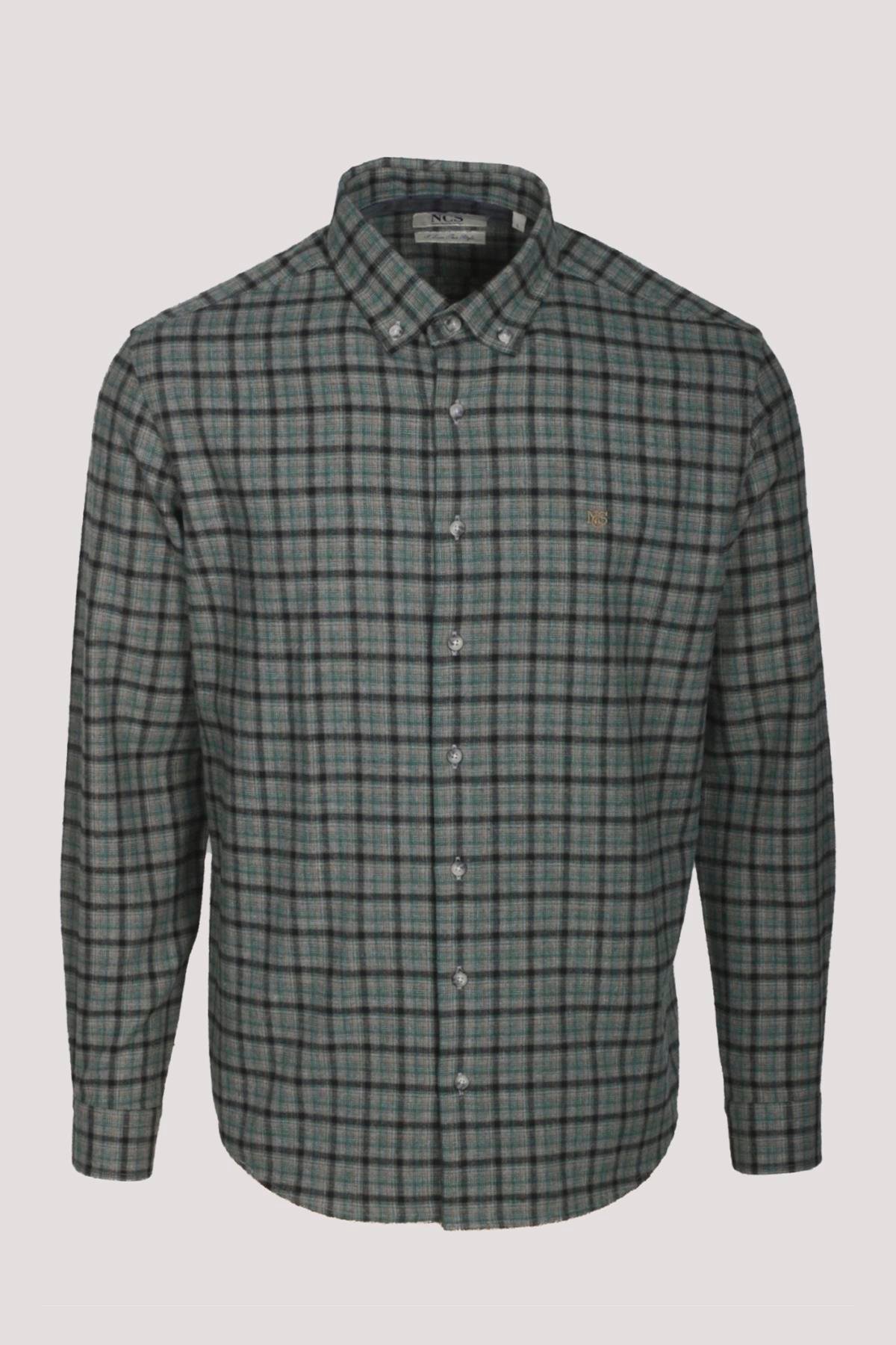Erkek Gömlek Yeşil Uzun Kol Ekose Kareli Flanel Yün Tuşeli Slim Fit Düğmeli Yaka Shirt NCS JEANS 7270