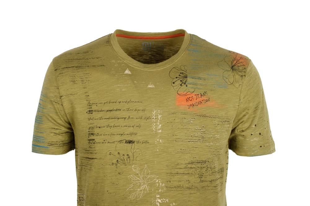 Erkek Haki Bisiklet Yaka Baskılı Slim Fit %100 Pamuk T-shirt Jeans 1953