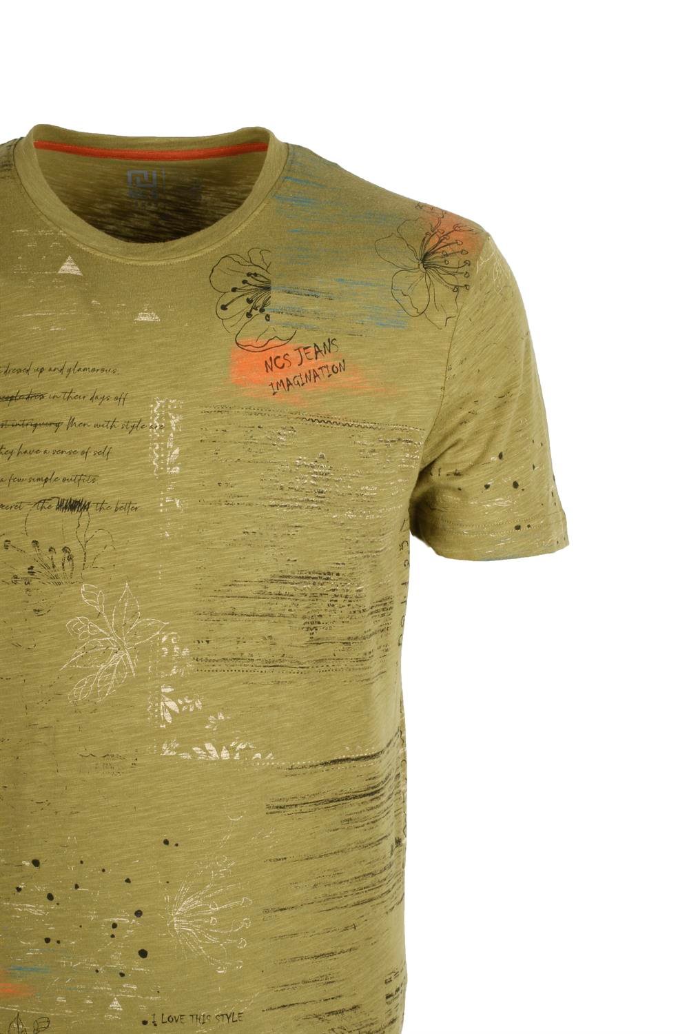 Erkek Haki Bisiklet Yaka Baskılı Slim Fit %100 Pamuk T-shirt Jeans 1953