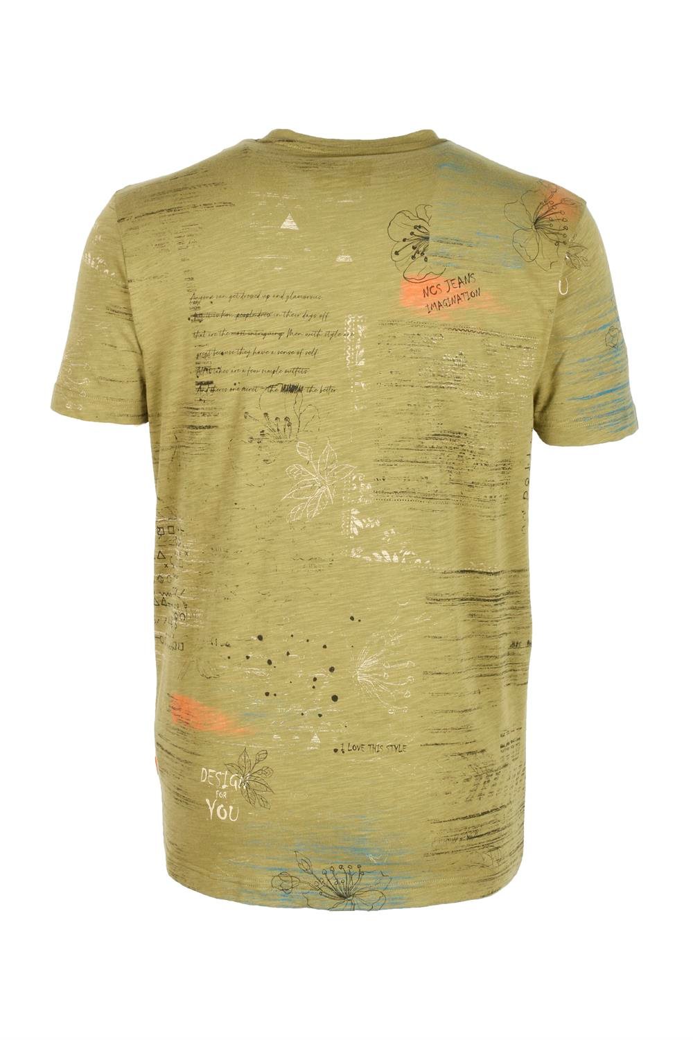 Erkek Haki Bisiklet Yaka Baskılı Slim Fit %100 Pamuk T-shirt Jeans 1953