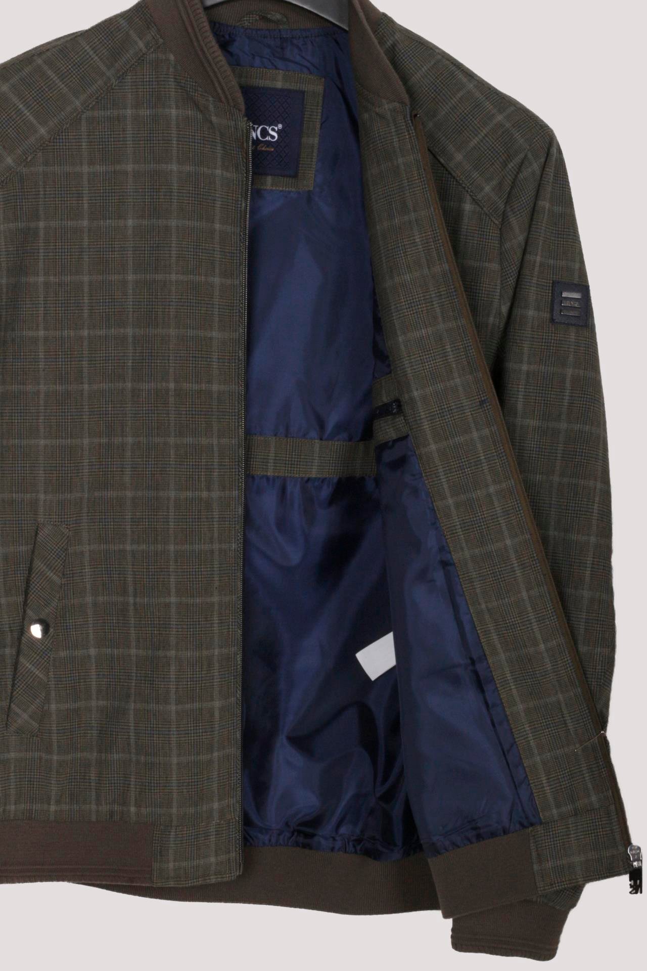 Erkek Haki Bomber Ceket Keten Karışım Slim Fit Ekose Kare Desenli Ribana İnce Astar Ceket NCS JEANS 4984