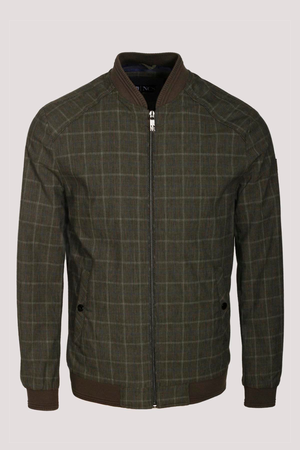 Erkek Haki Bomber Ceket Keten Karışım Slim Fit Ekose Kare Desenli Ribana İnce Astar Ceket NCS JEANS 4984