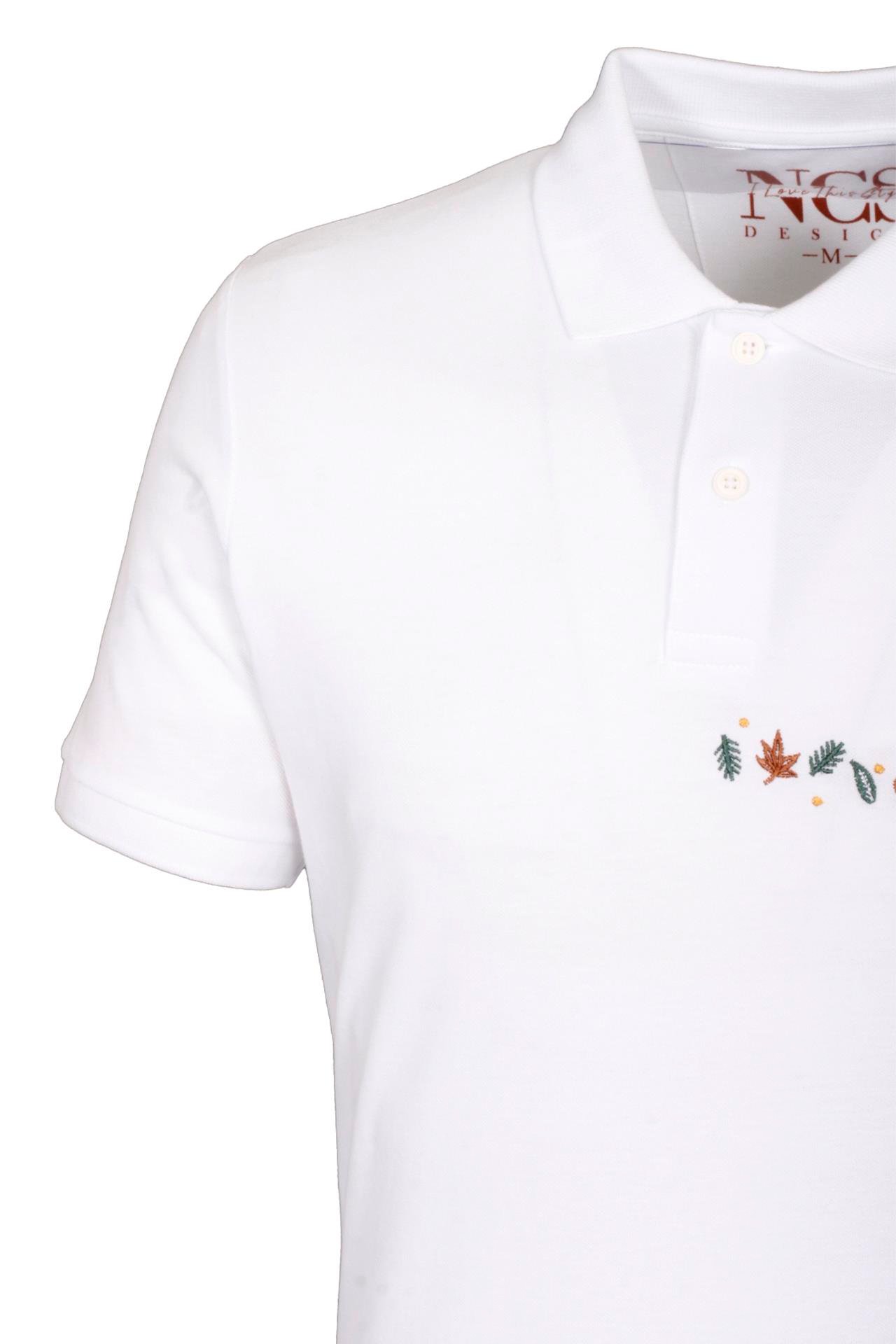 Erkek Polo Yaka Tişört Beyaz  %100 Pamuk Slim Fit Ribanalı Kol Nakışlı T-shirt NCS JEANS 1169