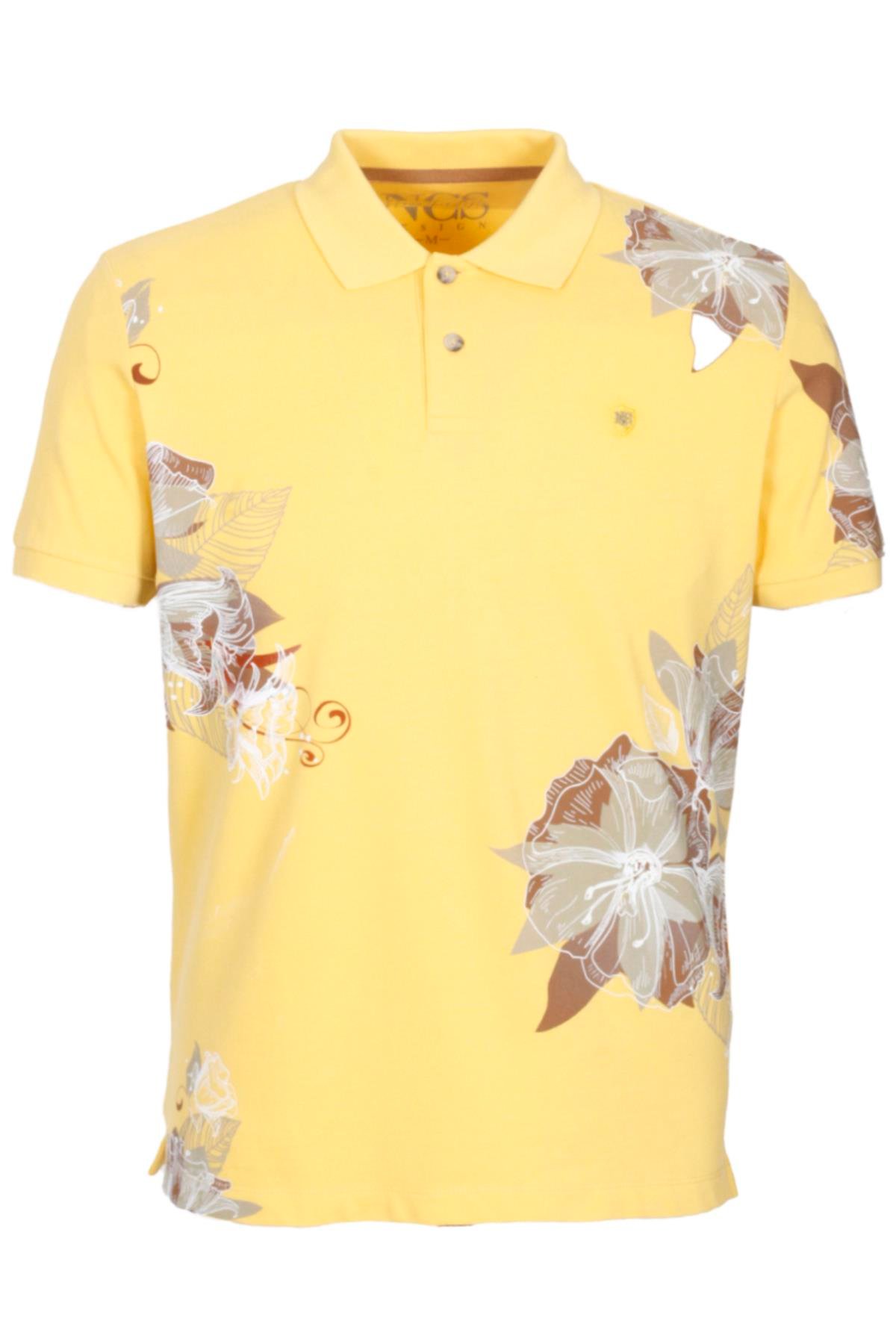 Erkek Polo Yaka Tişört SARI %100 Pamuk Slim Fit Ribana'lı Kol Floral Desenli T-shirt NCS JEANS 1189