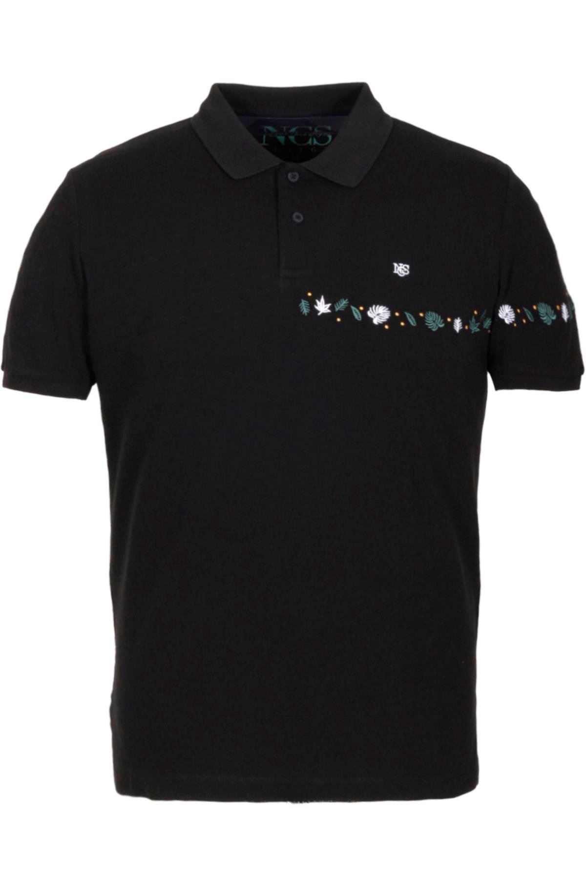 Erkek Polo Yaka Tişört Siyah %100 Pamuk Slim Fit Ribanalı Kol Nakışlı T-shirt NCS JEANS 1169