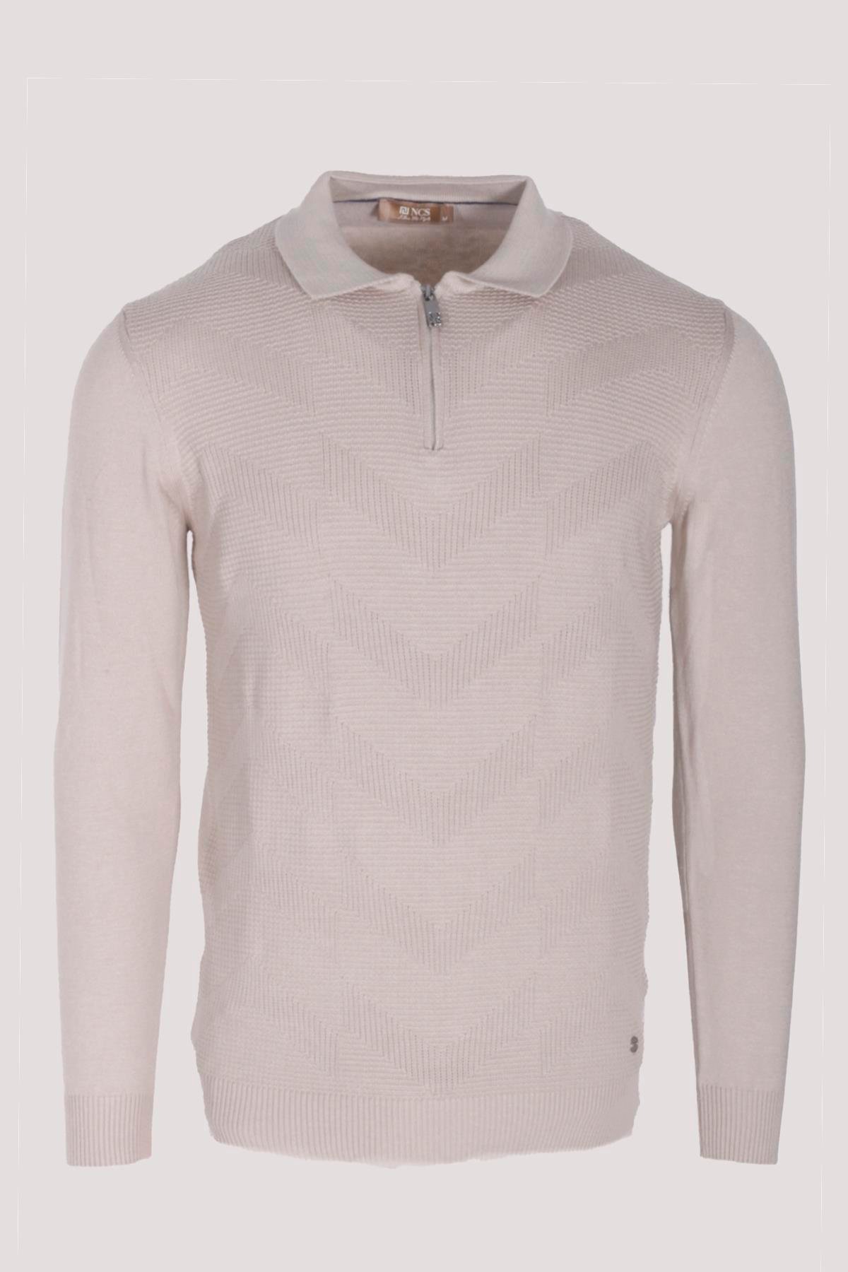 Erkek Polo Yaka Triko Bej Slim Fit Yarım Fermuarlı Balık Sırt Desenli Pamuklu Kazak NCS JEANS 3006