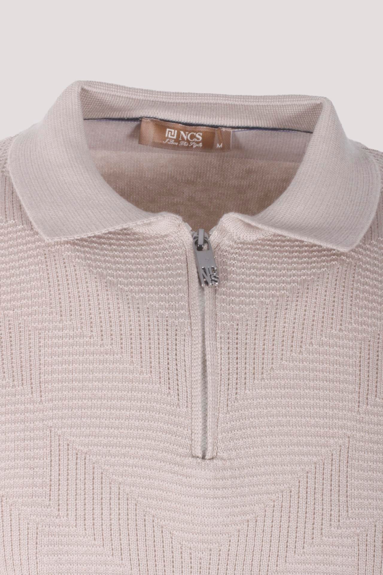 Erkek Polo Yaka Triko Bej Slim Fit Yarım Fermuarlı Balık Sırt Desenli Pamuklu Kazak NCS JEANS 3006