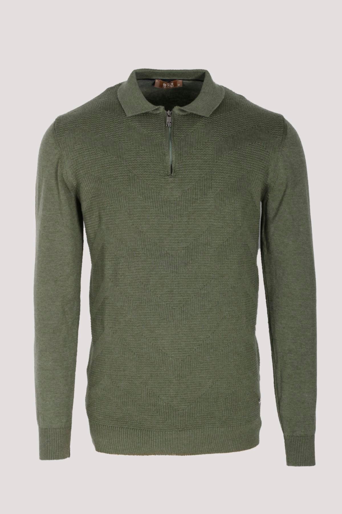 Erkek Polo Yaka Triko Hakimelanj Slim Fit Yarım Fermuarlı Balık Sırt Desenli Pamuklu Kazak NCS JEANS 3006