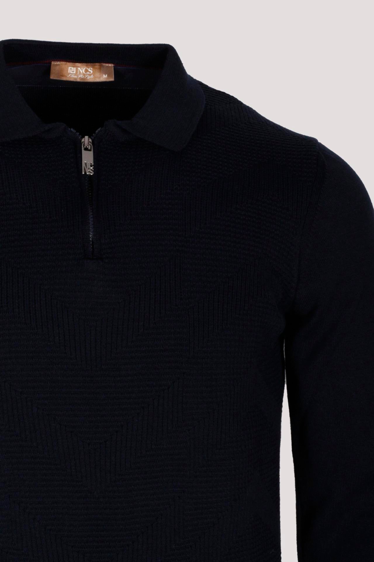 Erkek Polo Yaka Triko Lacivert Slim Fit Yarım Fermuarlı Balık Sırt Desenli Pamuklu Kazak NCS JEANS 3006