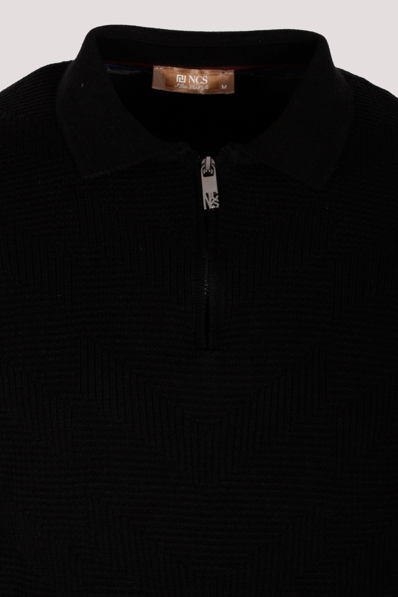 Erkek Polo Yaka Triko Siyah Slim Fit Yarım Fermuarlı Balık Sırt Desenli Pamuklu Kazak NCS JEANS 3006