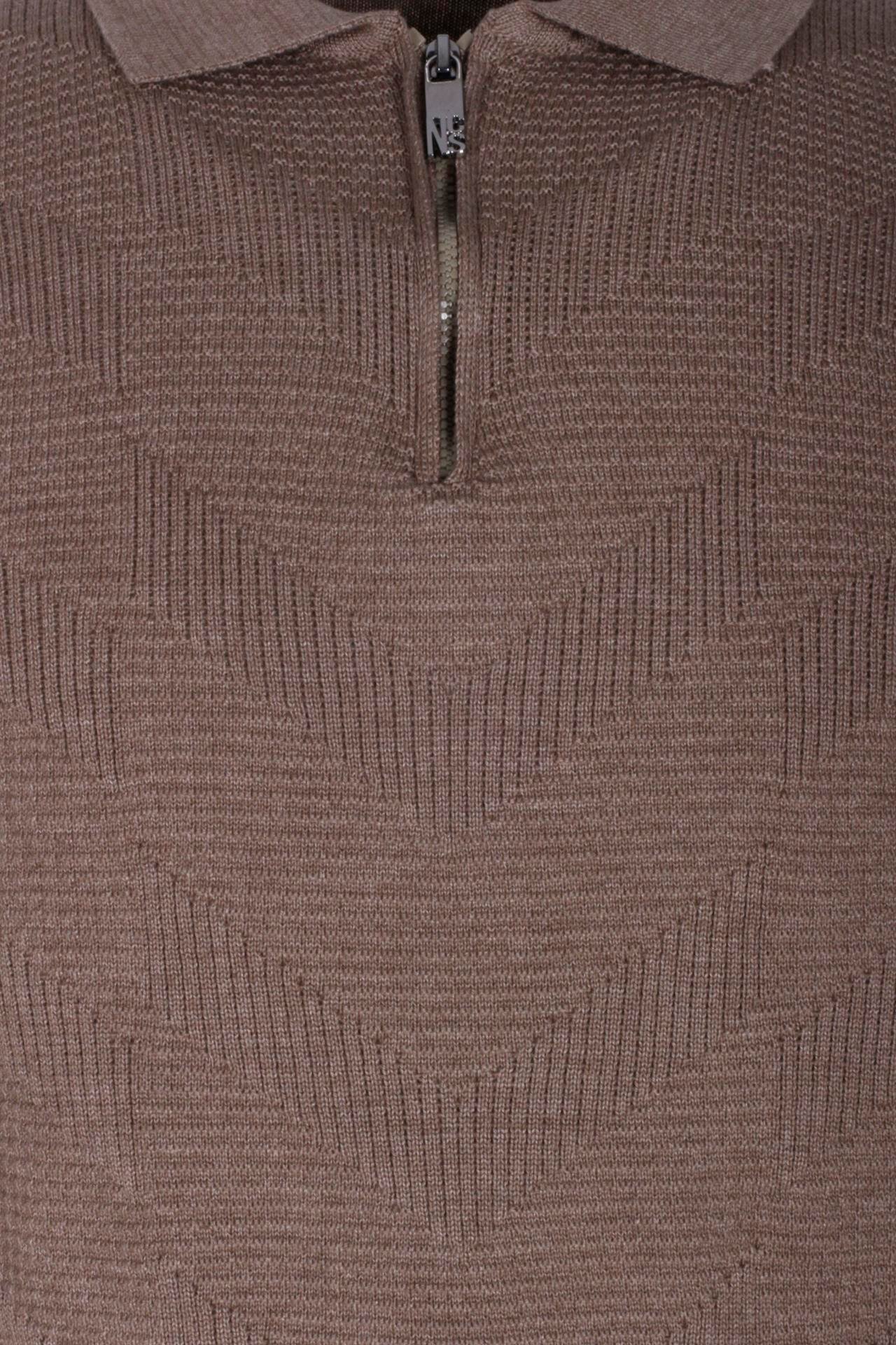 Erkek Polo Yaka Triko Vizonmelanj  Slim Fit Yarım Fermuarlı Balık Sırt Desenli Pamuklu Kazak NCS JEANS 3006