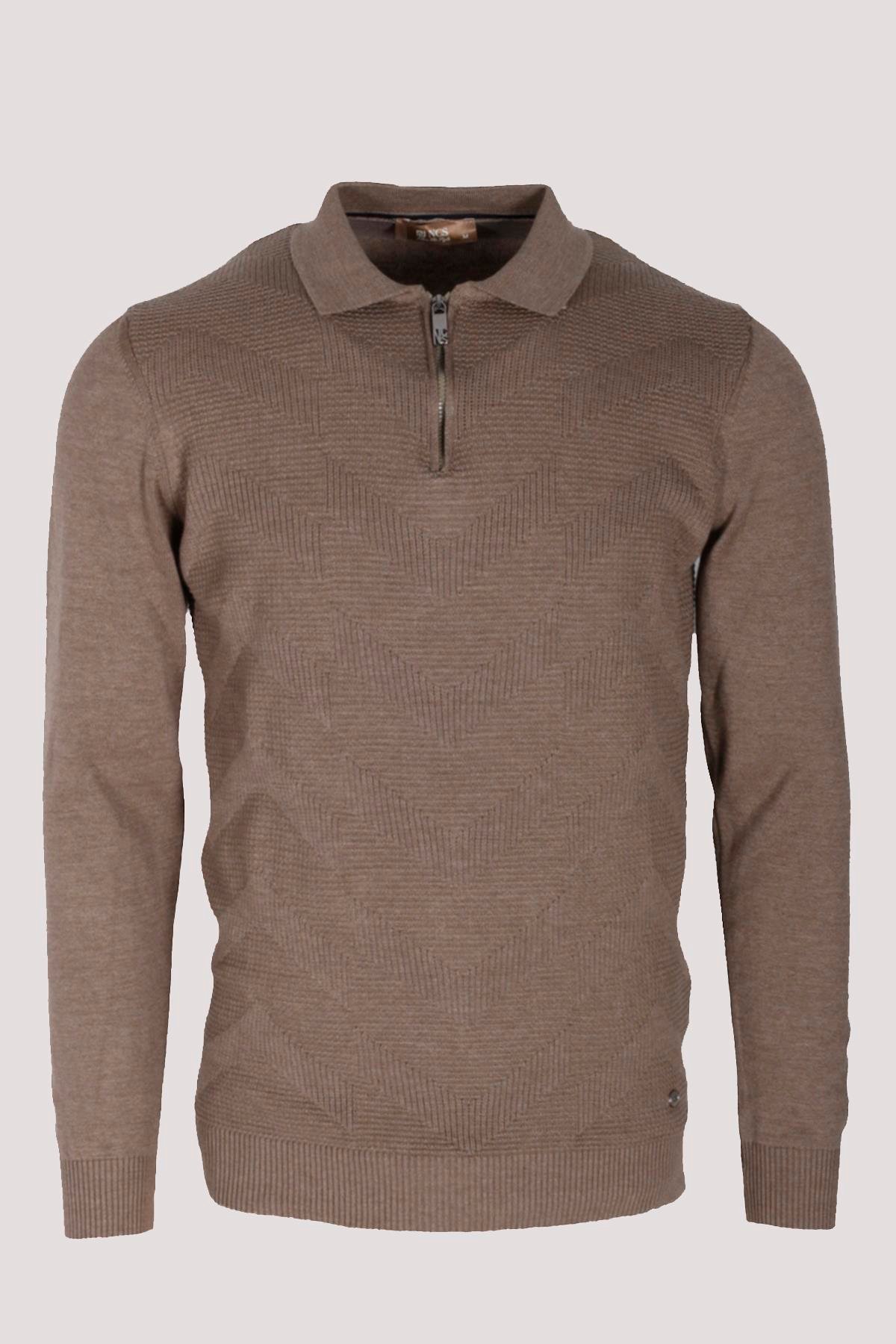 Erkek Polo Yaka Triko Vizonmelanj  Slim Fit Yarım Fermuarlı Balık Sırt Desenli Pamuklu Kazak NCS JEANS 3006