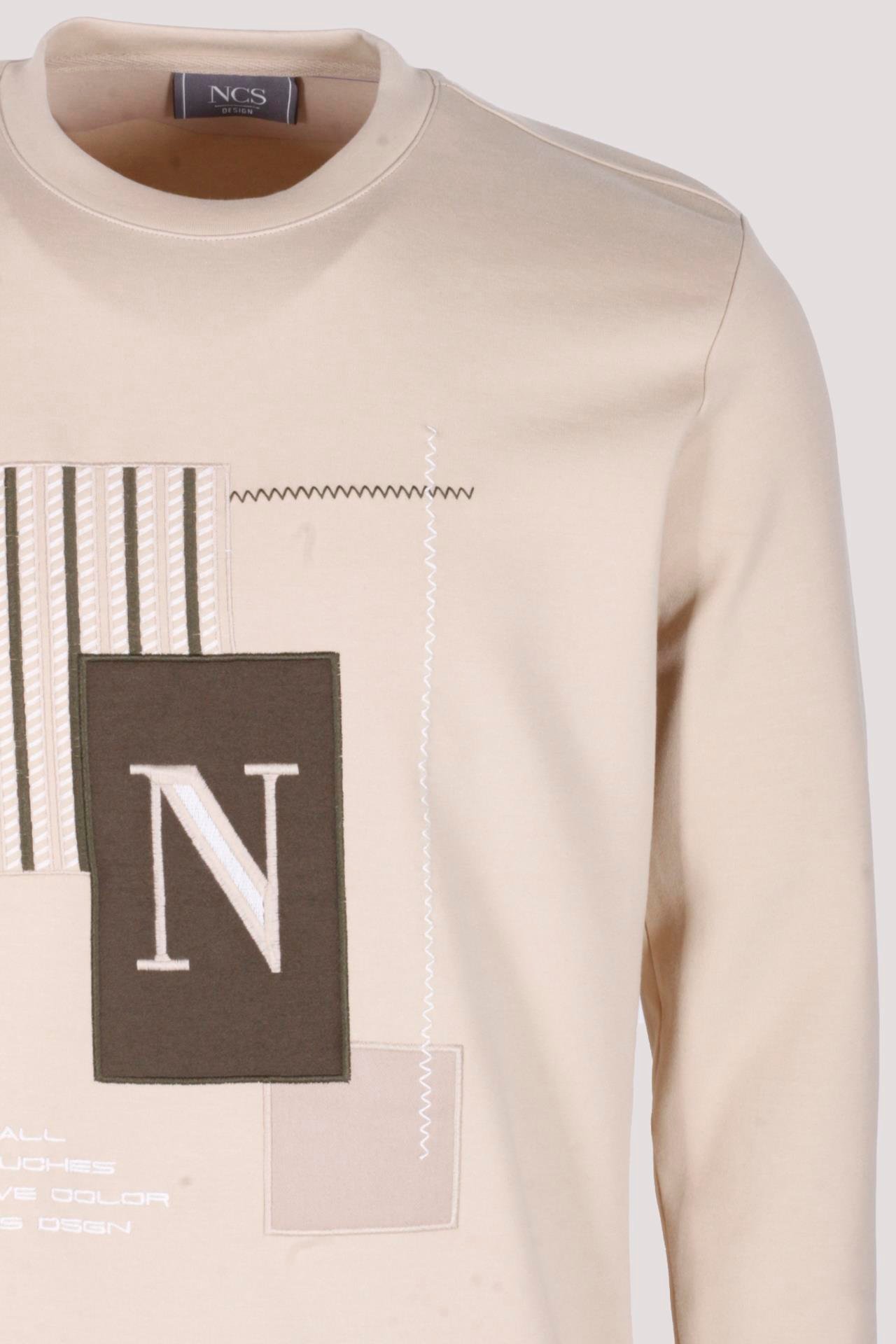 Erkek Sweatshirt Bej Relaxed Fit Double Face N Aplike Sargı Nakış Logo Detaylı Crewneck NCS JEANS 1649