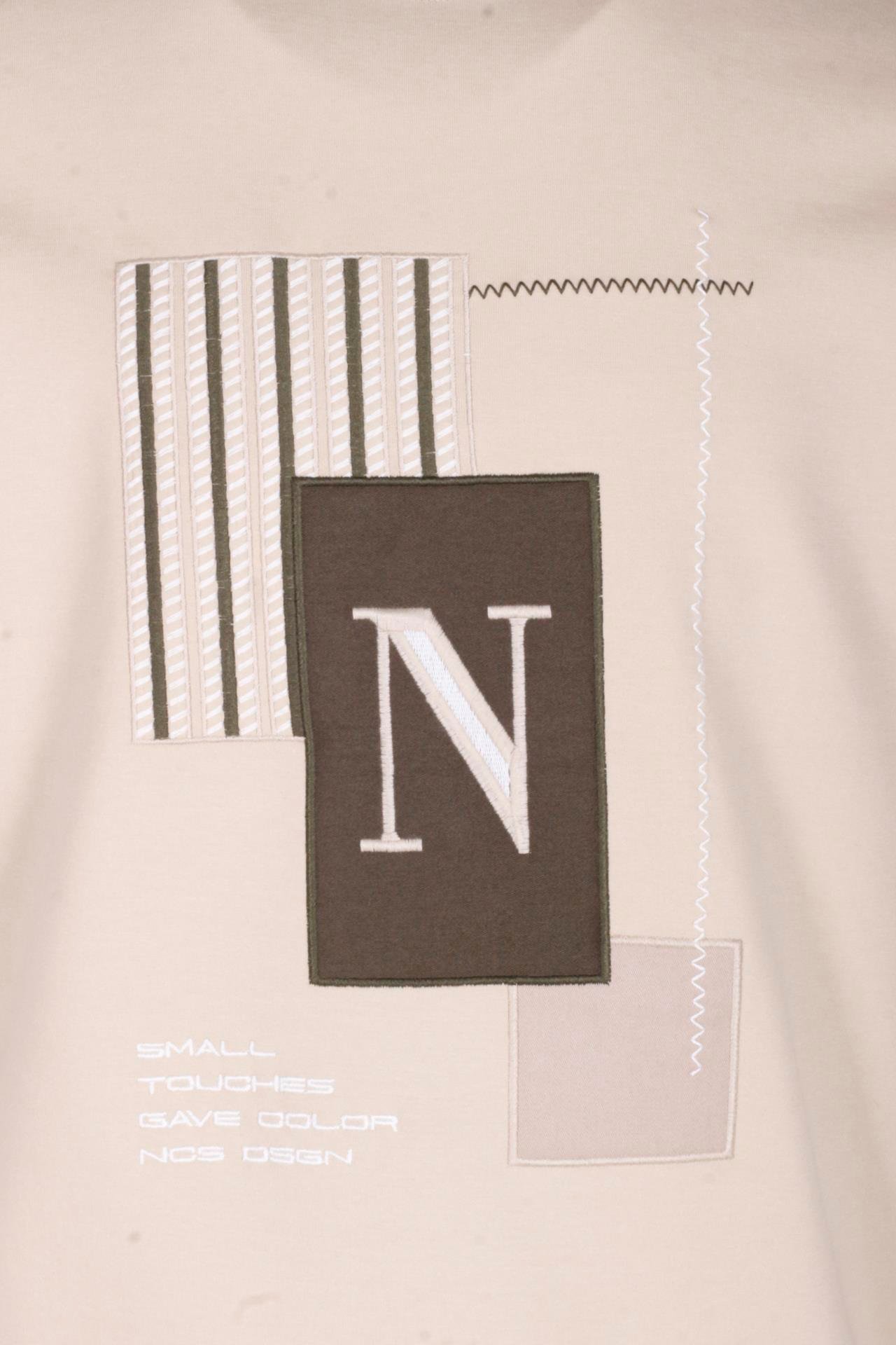 Erkek Sweatshirt Bej Relaxed Fit Double Face N Aplike Sargı Nakış Logo Detaylı Crewneck NCS JEANS 1649