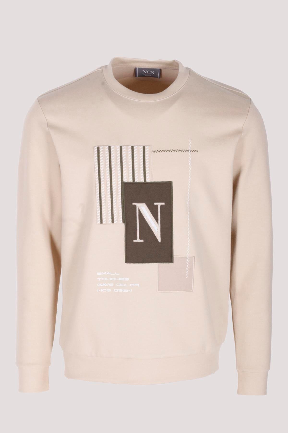 Erkek Sweatshirt Bej Relaxed Fit Double Face N Aplike Sargı Nakış Logo Detaylı Crewneck NCS JEANS 1649