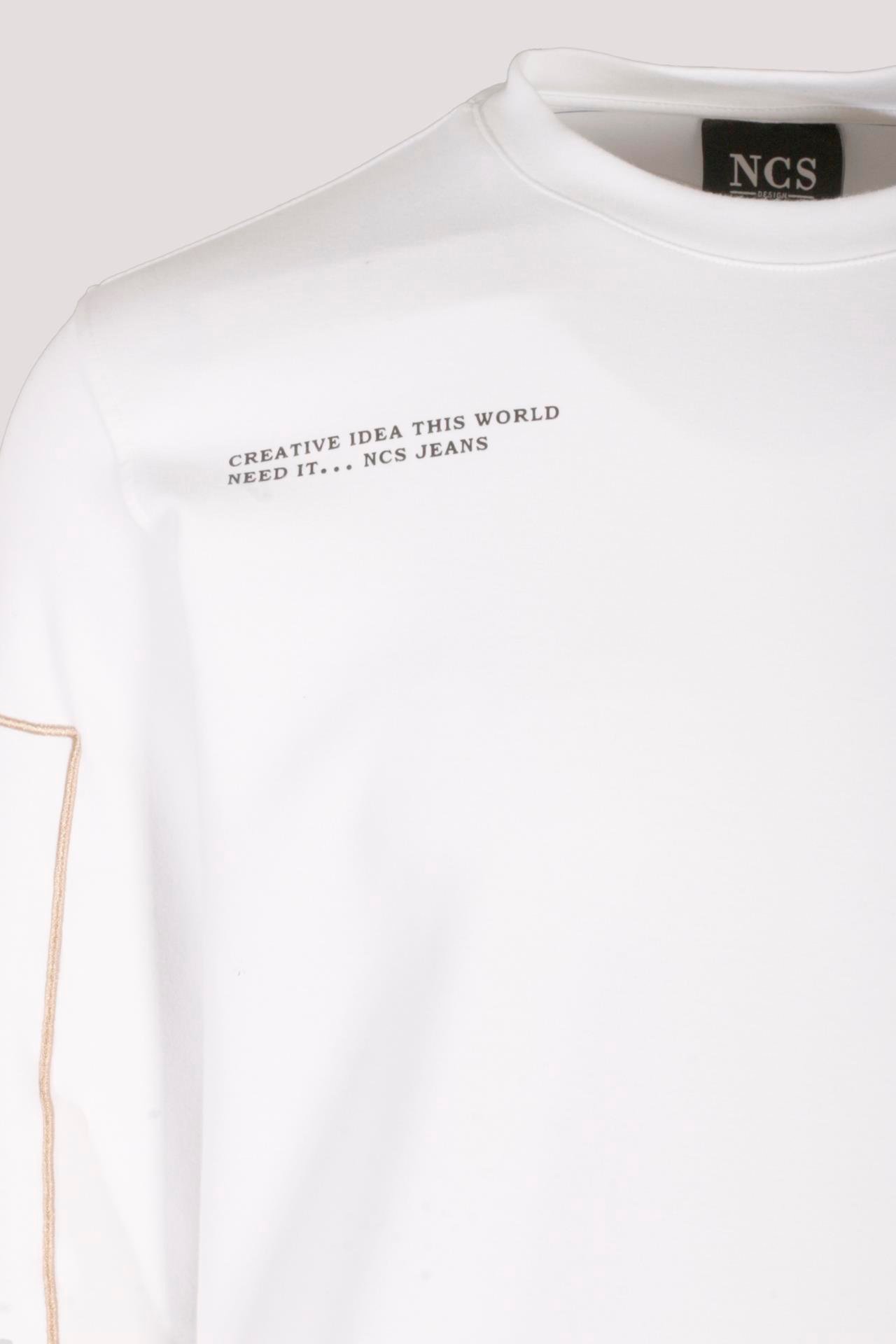 Erkek Sweatshirt Beyaz Bisiklet Yaka Relax Fit Nakış Detaylı Double Face Pamuk Sweat NCS JEANS 1618