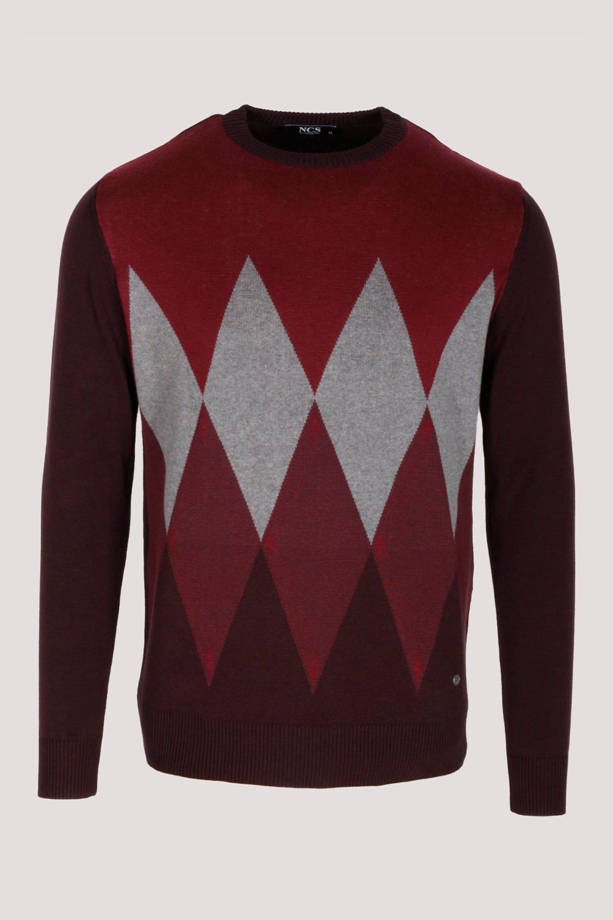 Erkek Triko Bordo Bisiklet Yaka Baklava Desenli Slim Fit Pamuklu Kazak NCS JEANS 3727