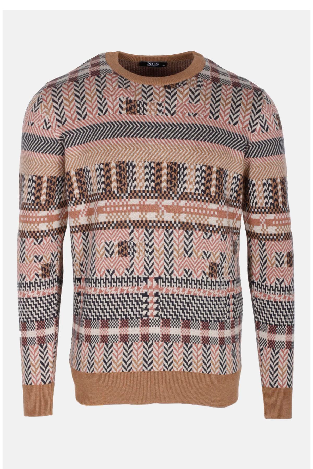 Erkek Triko Camel Bisiklet Yaka Desenli Slim Fit Pamuklu Kazak NCS JEANS 3721