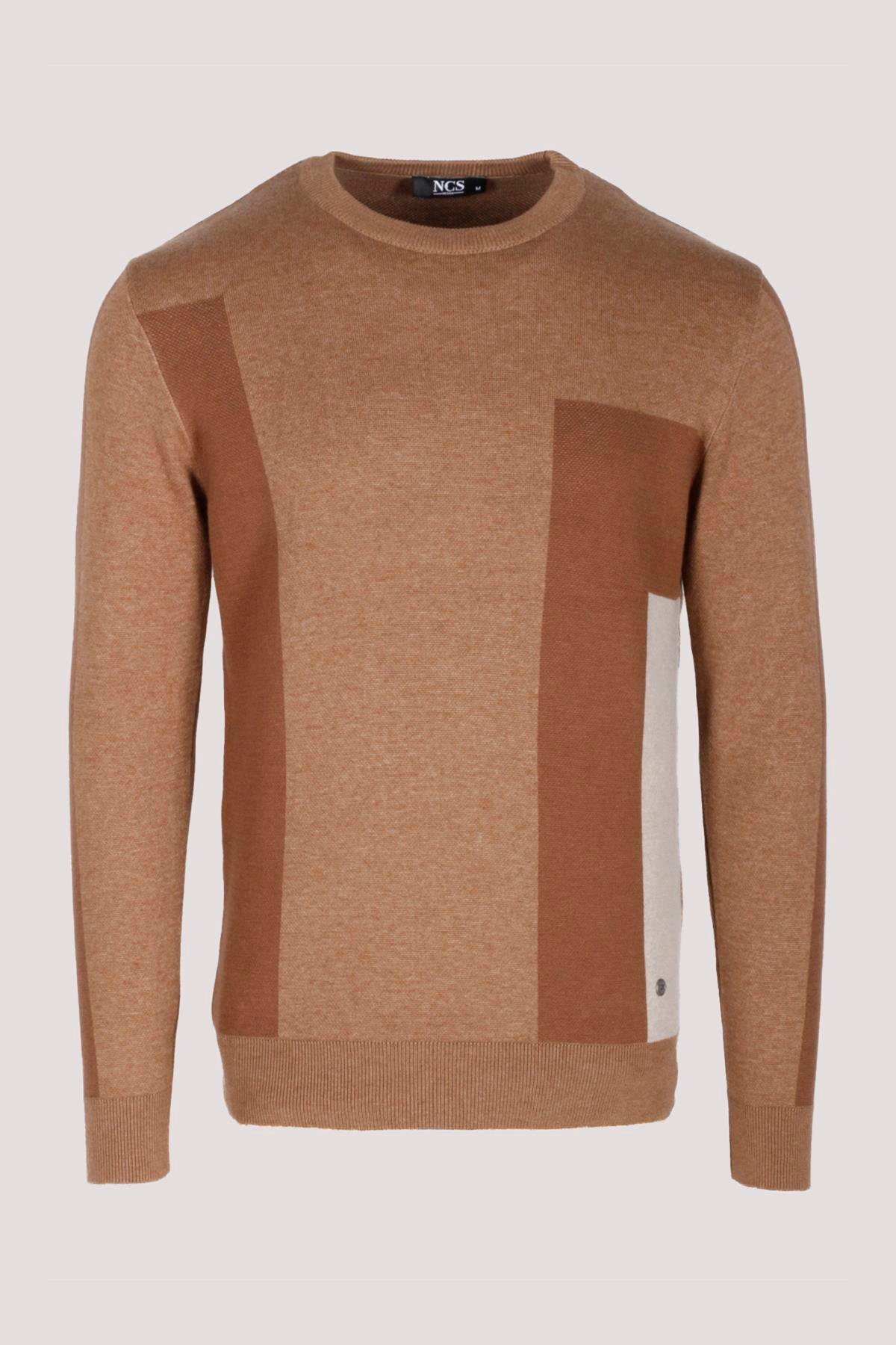 Erkek Triko Camel Bisiklet Yaka Desenli Slim Fit Pamuklu Kazak NCS JEANS 3740