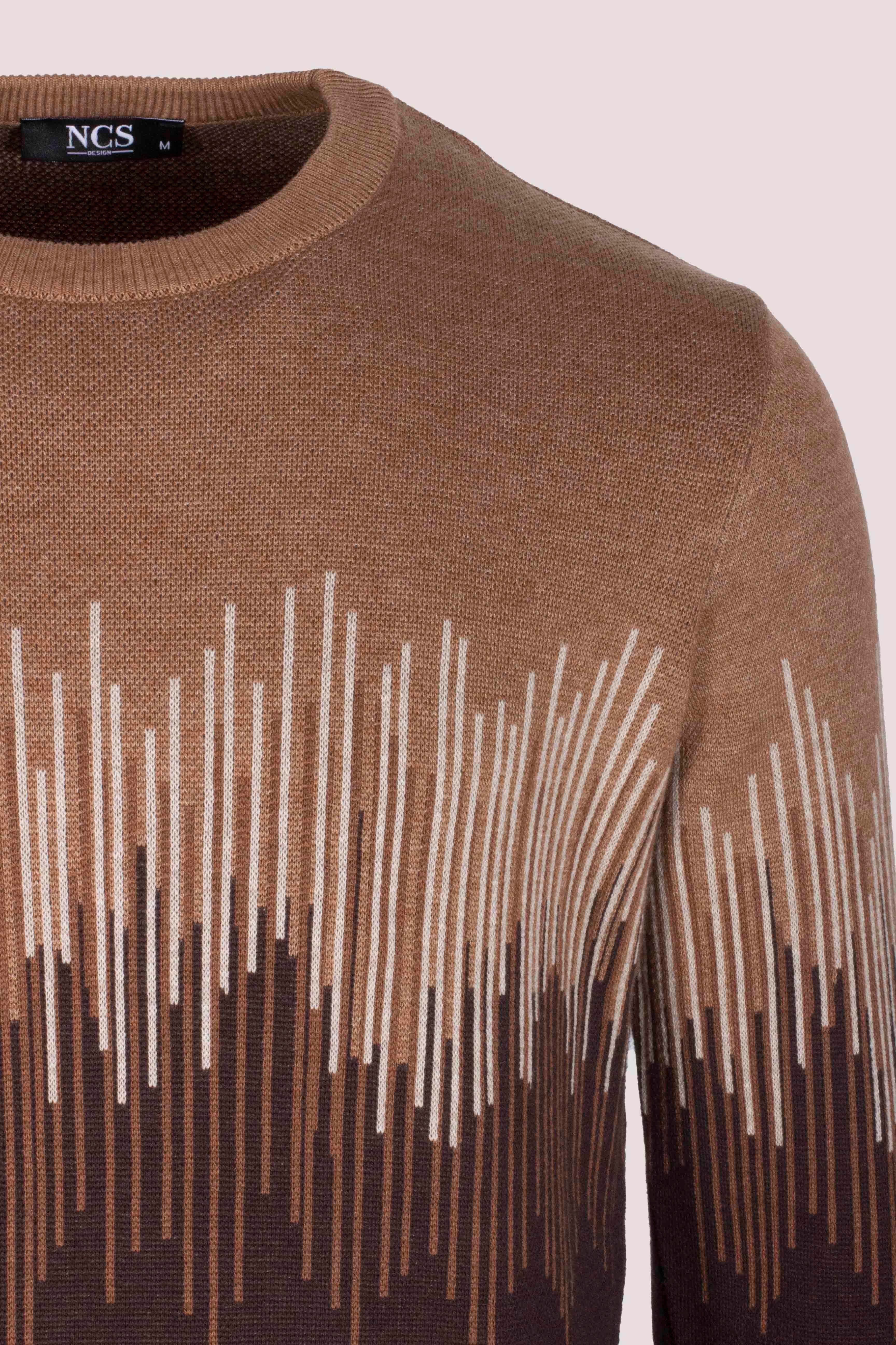 Erkek Triko Camel Bisiklet Yaka Desenli Slim Fit Pamuklu Kazak 3723