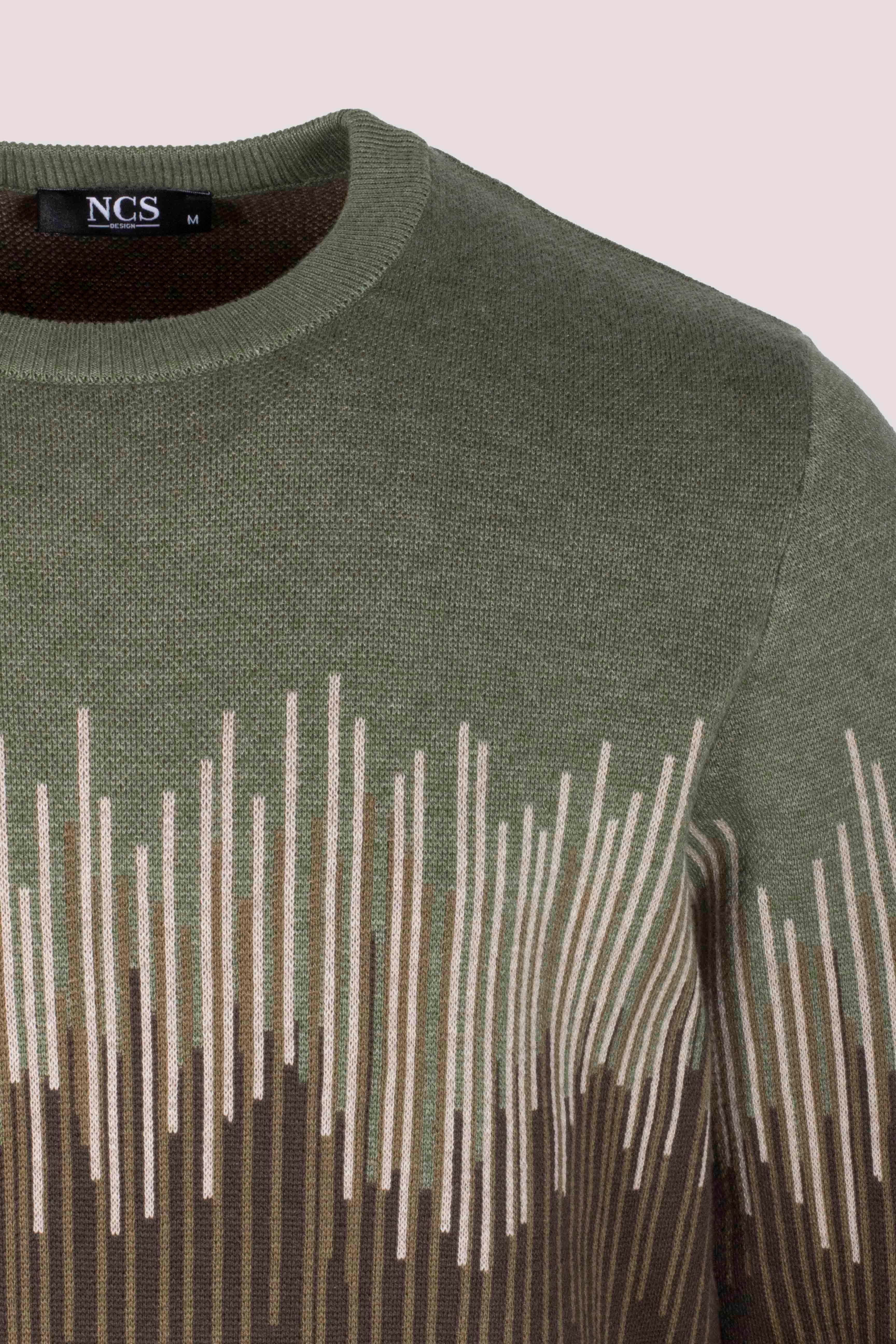 Erkek Triko Haki Bisiklet Yaka Desenli Slim Fit Pamuklu Kazak 3723