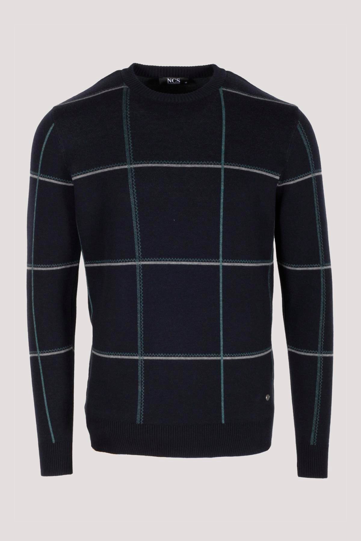 Erkek Triko Lacivert Bisiklet Yaka Desenli Slim Fit Pamuklu Kazak NCS JEANS 3744